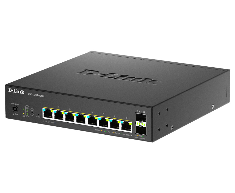 D-LINK Smart+ L2+ 8 ports 2.5 GbE PoE 1-2/60W - 3-8/30W and 2 ports 10 GbE SFP+ - Budget PoE 120 W