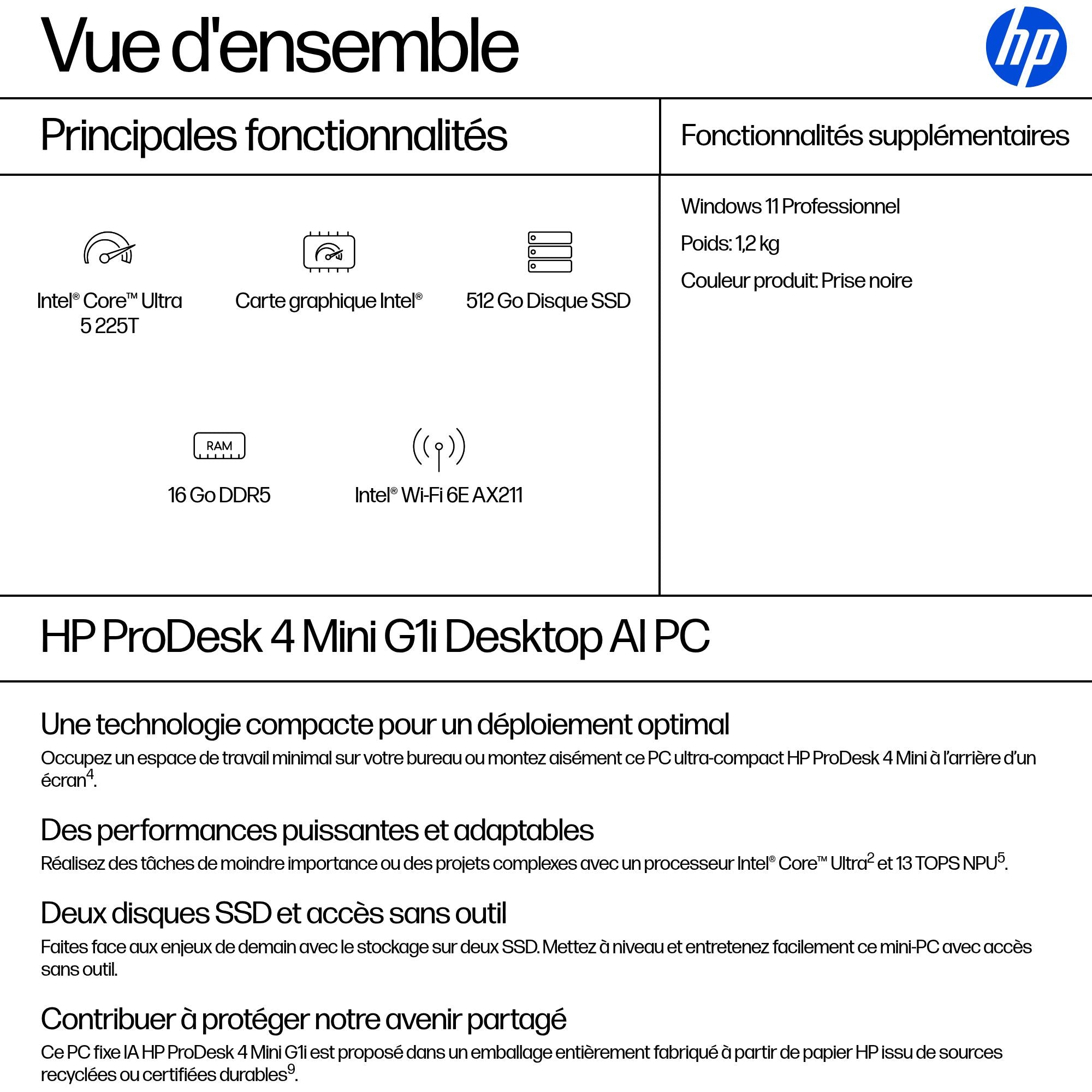 HP Pro Mini 400 G1i Intel Core Ultra 5 225T 16Go 512Go SSD UMA W11P 3/3/3 Smartbuy