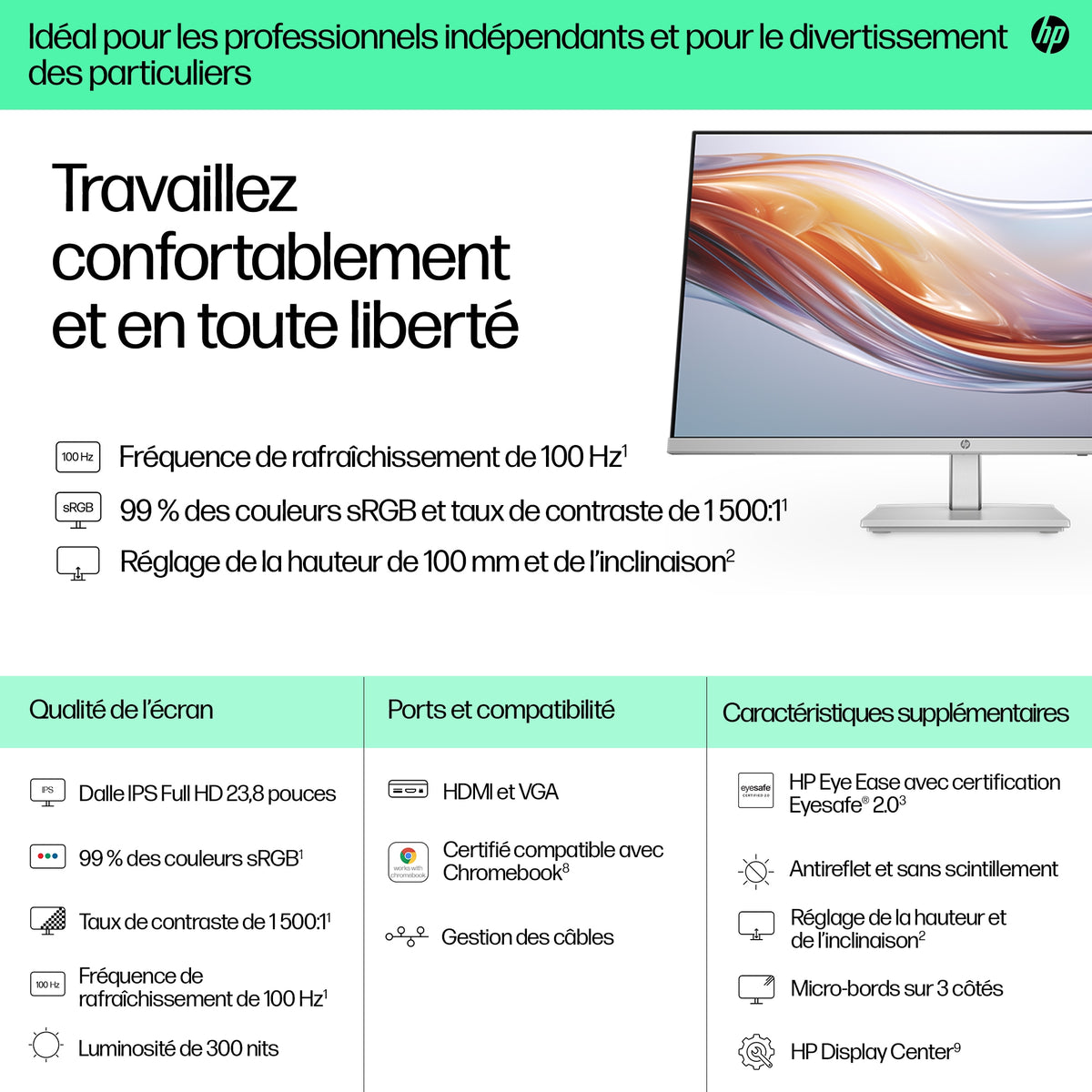 "HP Series 5 23.8 inch FHD Height Adjust Monitor - 524sh écran plat de PC 60,5 cm (23.8"") 1920 x 1080 pixels LCD Argent"