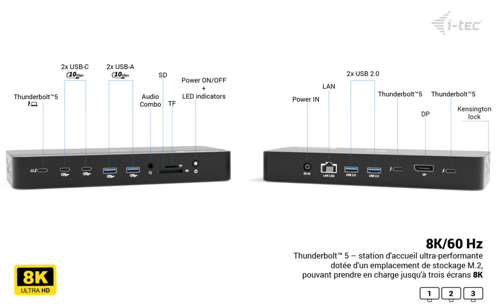 I-TEC TB5 Triple DisplayDS 2xTB5 1xDP 1x2.5GLAN 1xM.2 slot 1xAudio/Mic 2xUSB-C Gen2 2xUSB-A Gen2 2xUSB 2.0 SD+TF Cardreader PD 140W