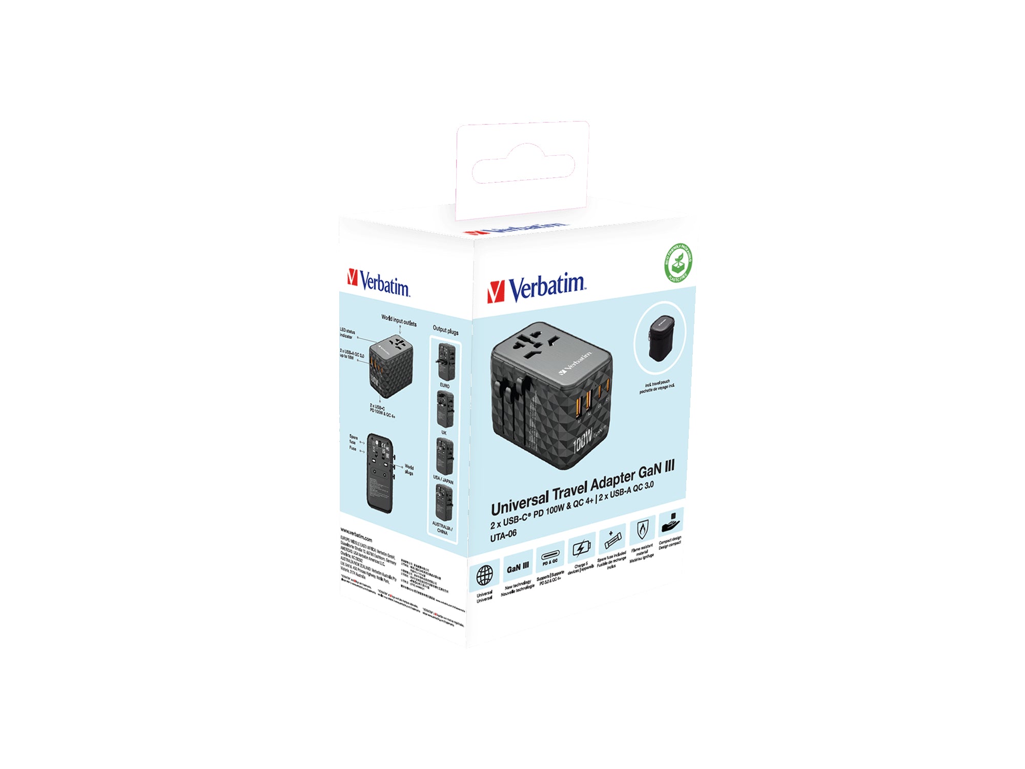 VERBATIM GAN III UNIVERSAL TRAVEL ADAPTER UTA-06 WITH 2 X USB-C PD 100W & QC 4+ / 2 X USB-A QC 3.00 WCF (P)