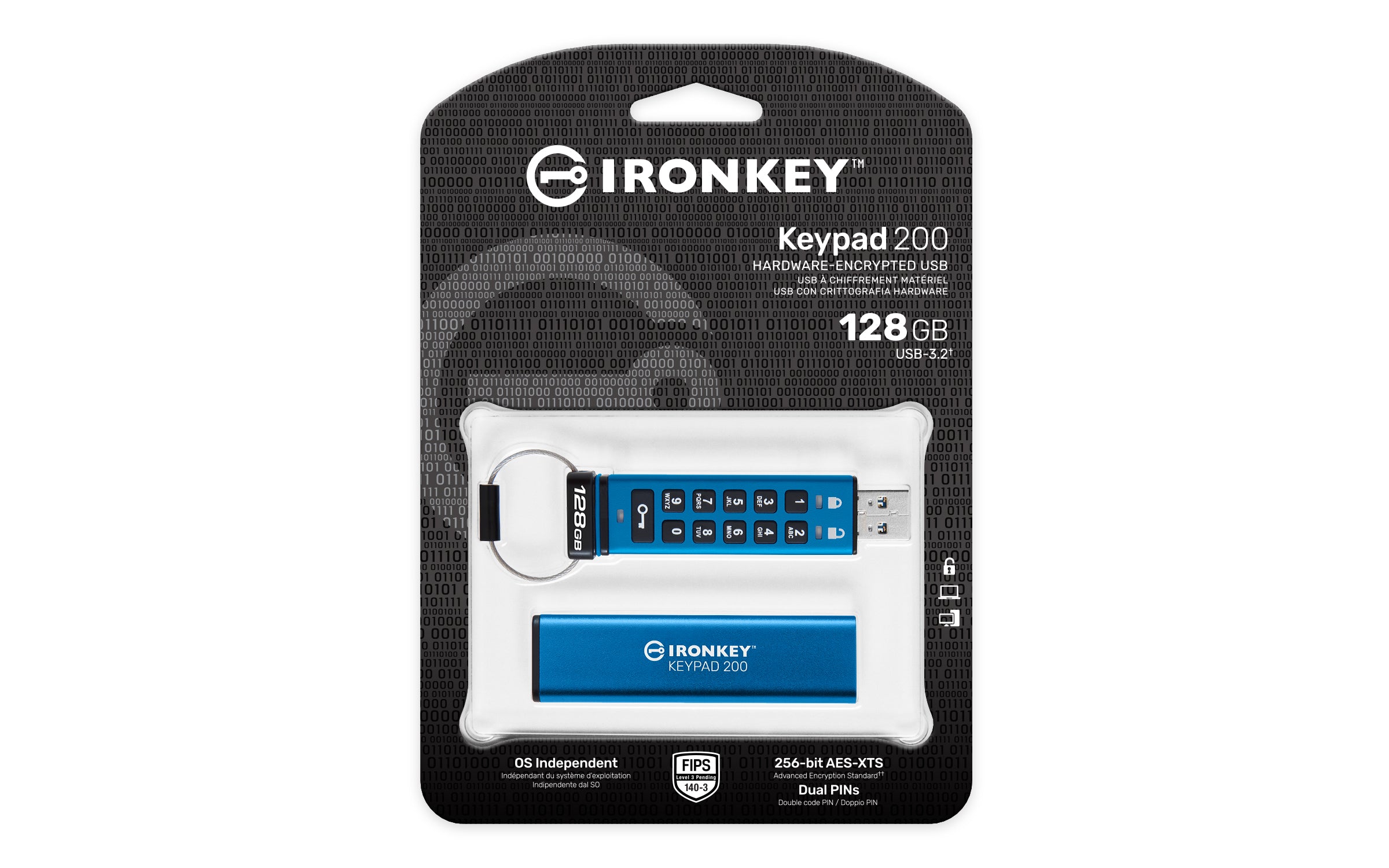 KINGSTON 128Go IronKey Keypad 200 FIPS 140-3 Lvl 3 Pending AES-256 Encrypted