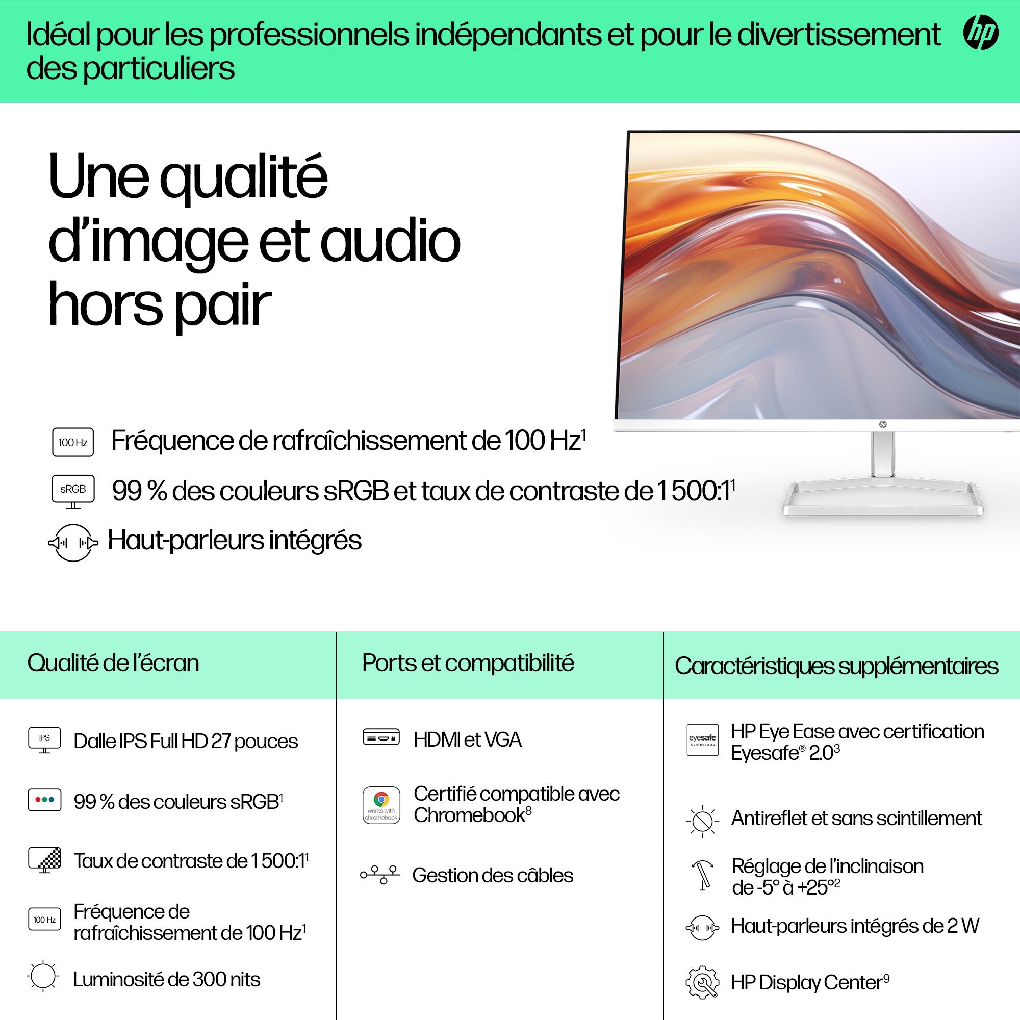"HP Series 5 27 inch FHD Monitor with Speakers - 527sa écran plat de PC 68,6 cm (27"") 1920 x 1080 pixels Full HD LCD Argent"