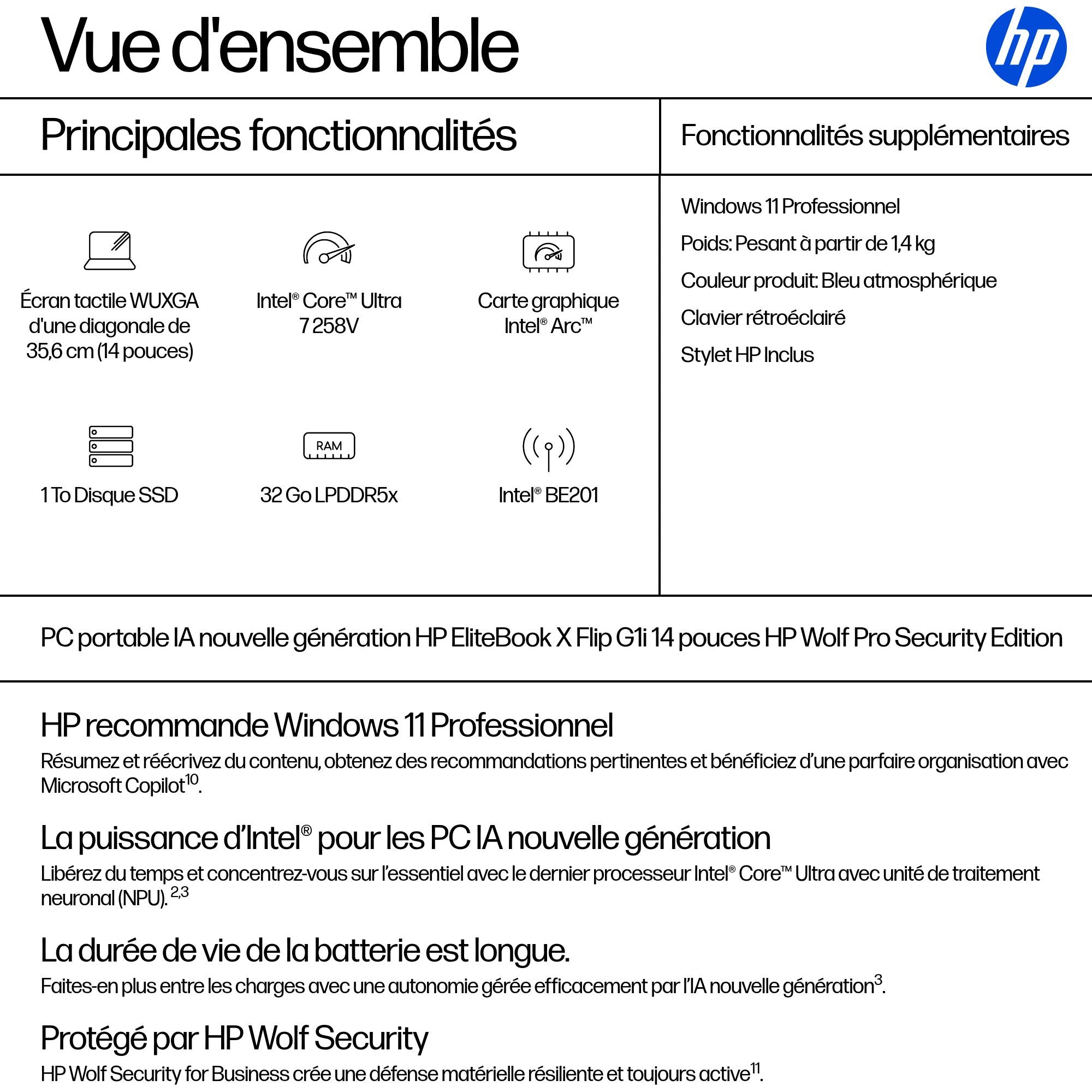 HP EliteBook X Flip G1i PC IA Nouvelle gÃ©nÃ©ration Intel Core Ultra7 258V 14p WUXGA Touch 32Go 1To SSD W11P Copilot+ PC 3/3/0 tactile