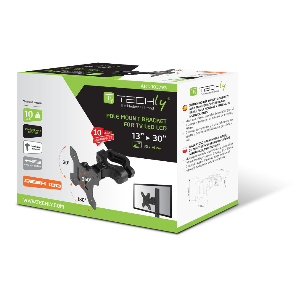 "Support de montage sur poteau TV Techly ICA-LCD 100BK 13-30"" pour installation de moniteur rotatif sur tuyau"