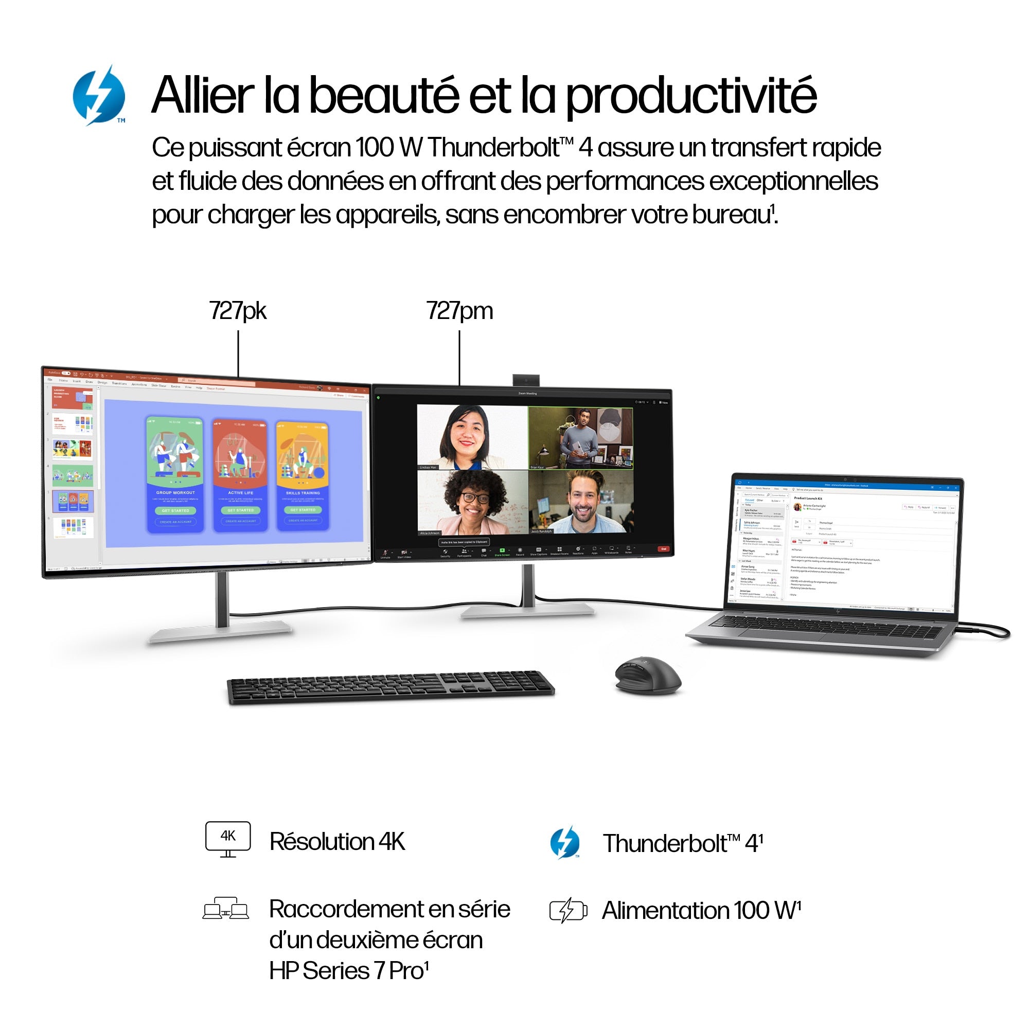 HP Écran pour conférence 4K Series 7 Pro 727pm avec webcam IA 5 Mpx HDR 27p 4K UHD 3840x2160 HDMI DisplayPort Thunder 3/3/0