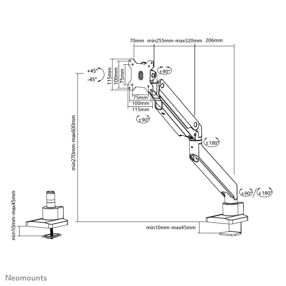 NEOMOUNTS NM-D775SILVER Support décran à fixer 10-32p - ressort à gaz - Topfix - arrêt 180