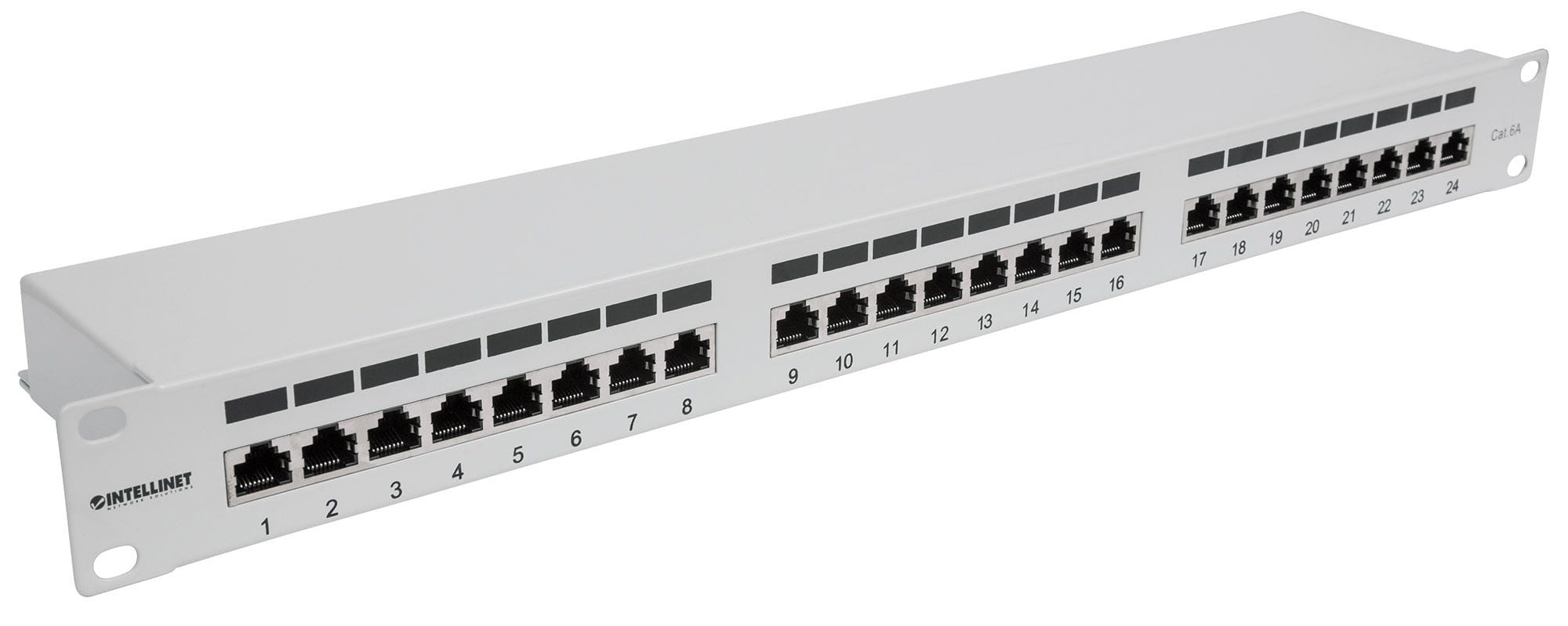 INTELLINET Panneau de brassage Cat6a blindé 24 ports FTP 1 U 90 degrés avec entrée supérieure, blocs de connexion, gris