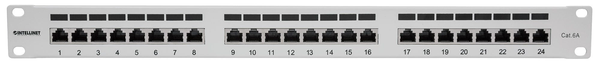 INTELLINET Panneau de brassage Cat6a blindé 24 ports FTP 1 U 90 degrés avec entrée supérieure, blocs de connexion, gris