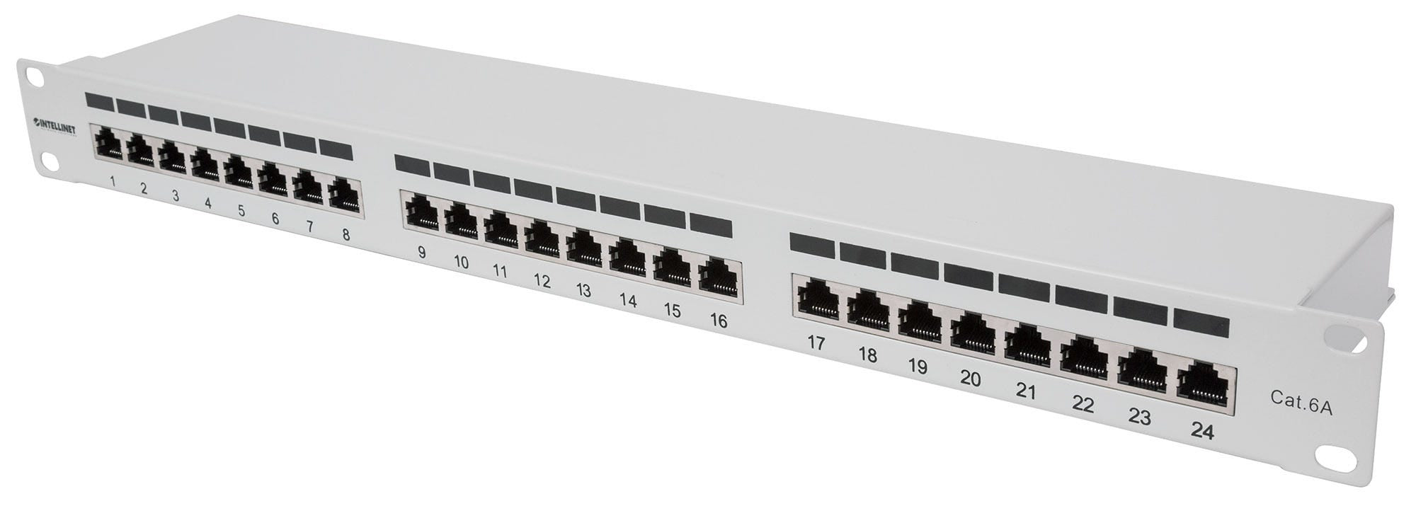 INTELLINET Panneau de brassage Cat6a blindé 24 ports FTP 1 U 90 degrés avec entrée supérieure, blocs de connexion, gris