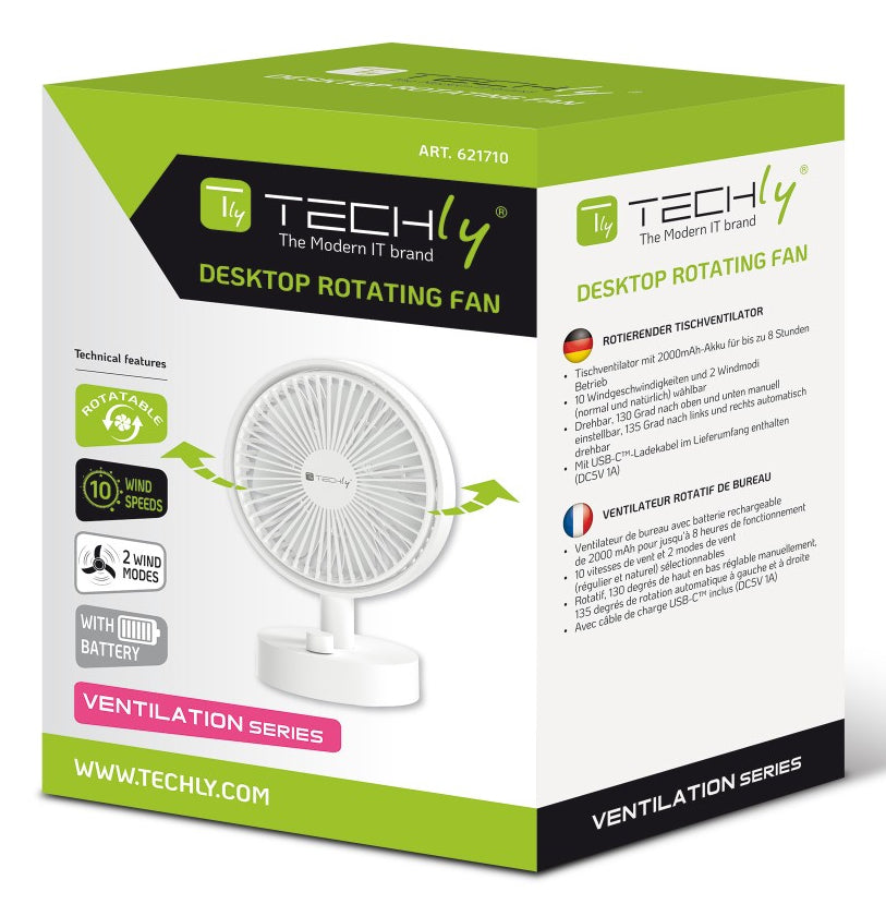 Techly IC-FAN-DSK2W Ventilateur de bureau sans fil avec 10 vitesses et oscillation