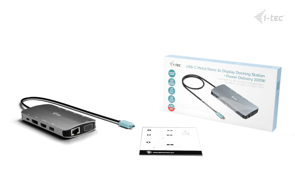 I-TEC USB-C Metal Nano 3x Display Docking Station 1x DP 1x HDMI 1x VGA 1x GLAN 1x USB-C Gen1 4x USB-A Gen1 Power Delivery 100W