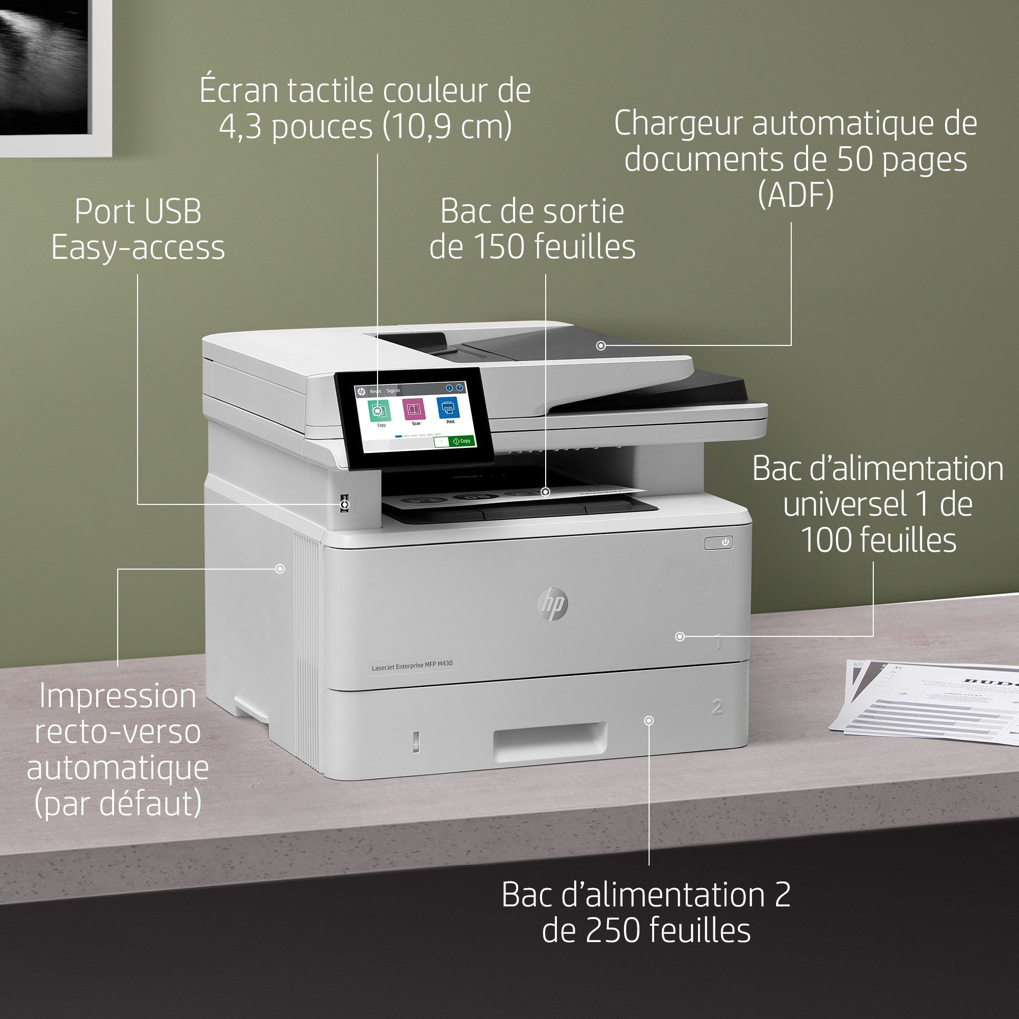 HP LaserJet Enterprise MFP M430f MFP Mono laser 216x297mm A4 38ppm Copy 40ppm Print 350sheets USB LAN