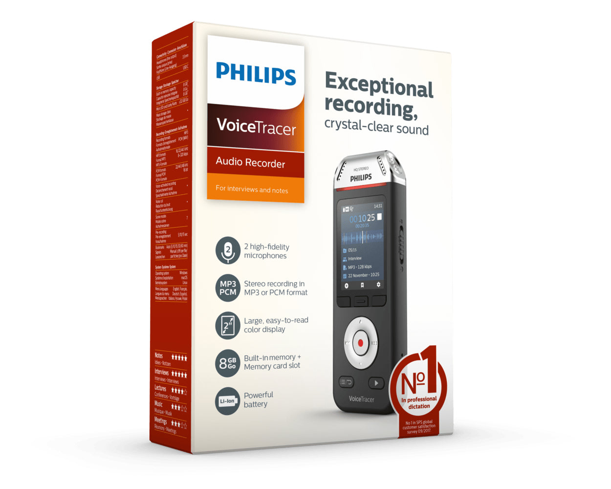 PHILIPS Dictaphone VoiceTracer DVT2110 : Optimisé pour les interviews 8Go, 2 Mic