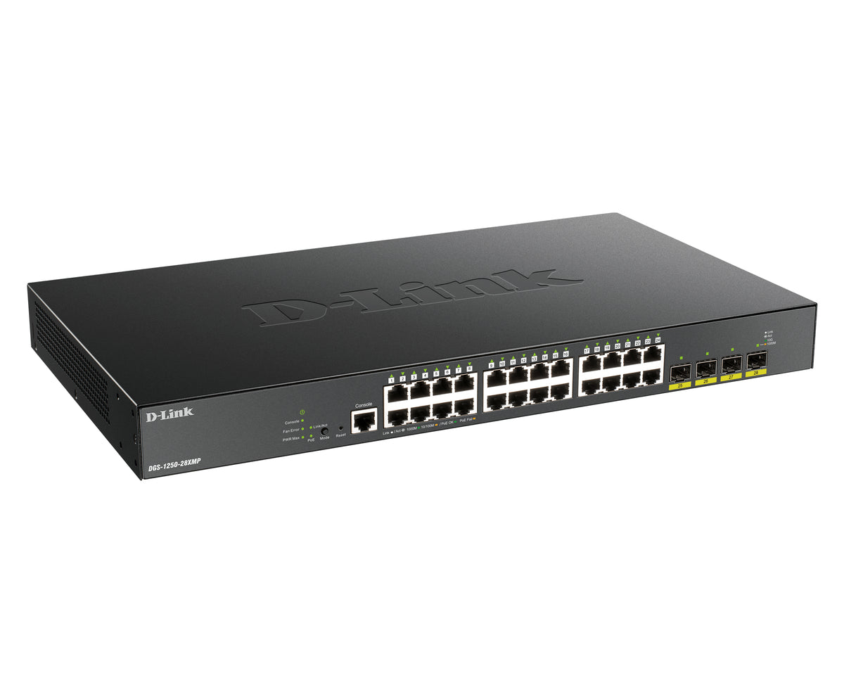 D-Link DGS-1250-28XMP commutateur réseau Géré L3 Gigabit Ethernet (10/100/1000) Connexion Ethernet, supportant l'alimentation via ce port (PoE) Noir