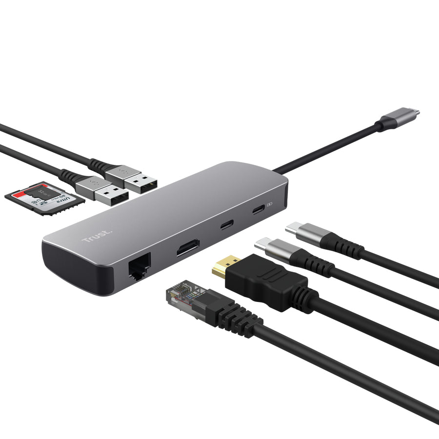 TRUST Adaptateur DALYX USB-C 8 en 1 2 USB-C 2 USB 1 HDMI 1 SD + 1 micro SD Card 1 Ethernet