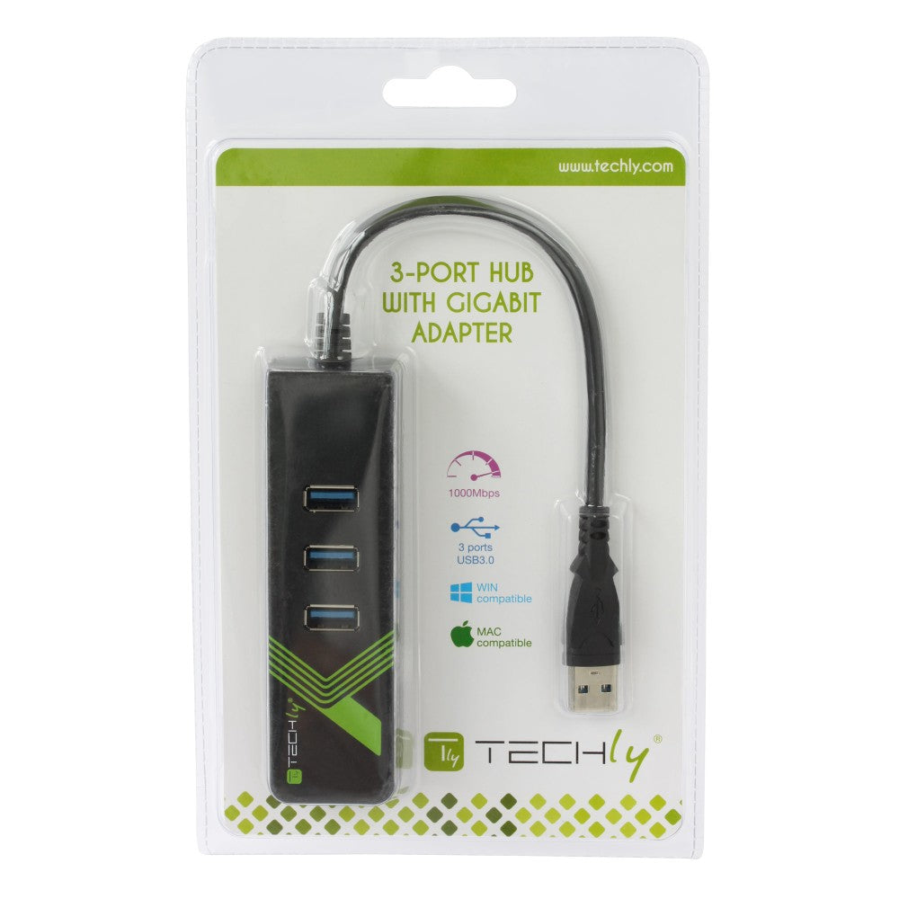 Techly IDATA USB-ETGIGA-3U2 Carte réseau/Adaptateur USB 3.0 vers RJ45 Gigabit, hub 3x USB 3.2
