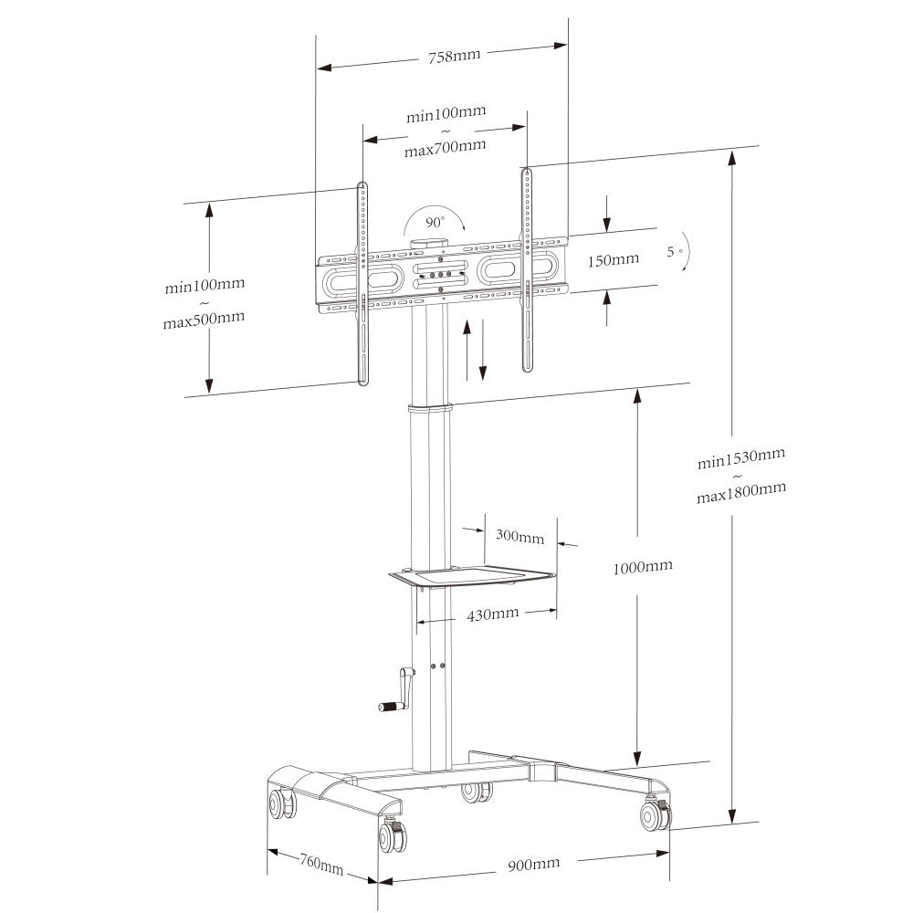"Techly ICA-TR228 Support TV mobile 32-70"" jusqu'a 40kg avec réglage de hauteur fluide"