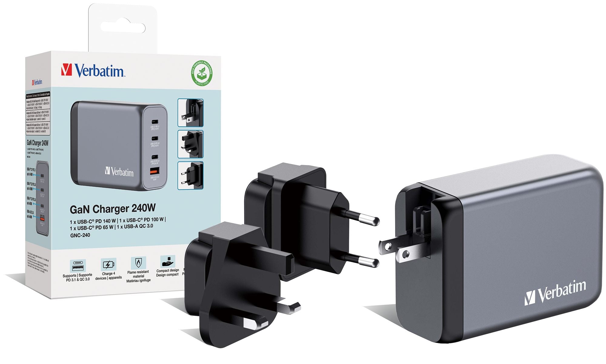 VERBATIM GNC-240 GAN CHARGER 4 PORT 240W USB A/C EU/UK/US WCF (P)