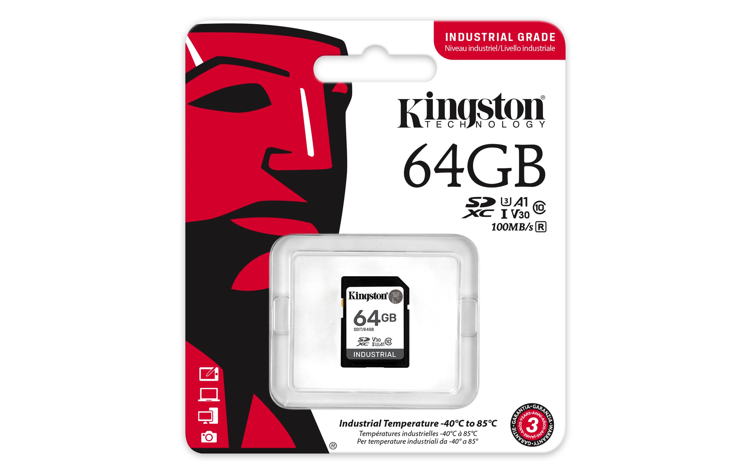 KINGSTON 64Go SDXC Industrial -40C to 85C C10 UHS-I U3 V30 A1 pSLC