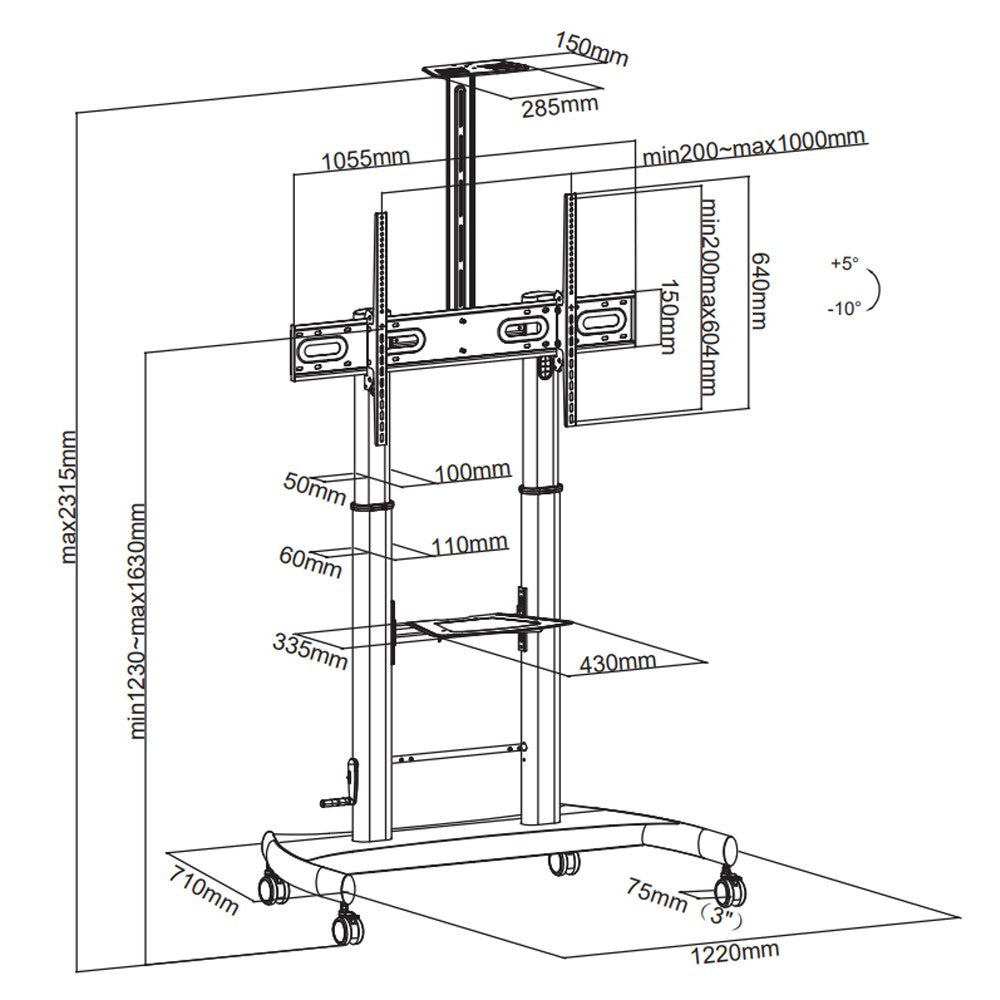 "Techly ICA-TR36 Support TV mobile 60-100"" 100kg Réglage de hauteur fluide"