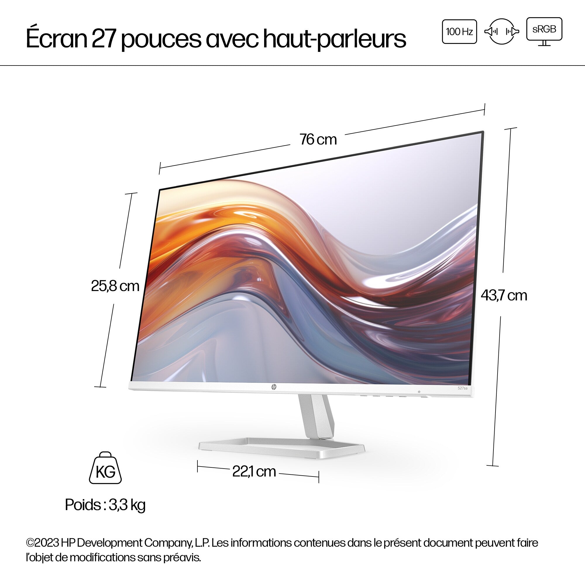 "HP Series 5 27 inch FHD Monitor with Speakers - 527sa écran plat de PC 68,6 cm (27"") 1920 x 1080 pixels Full HD LCD Argent"