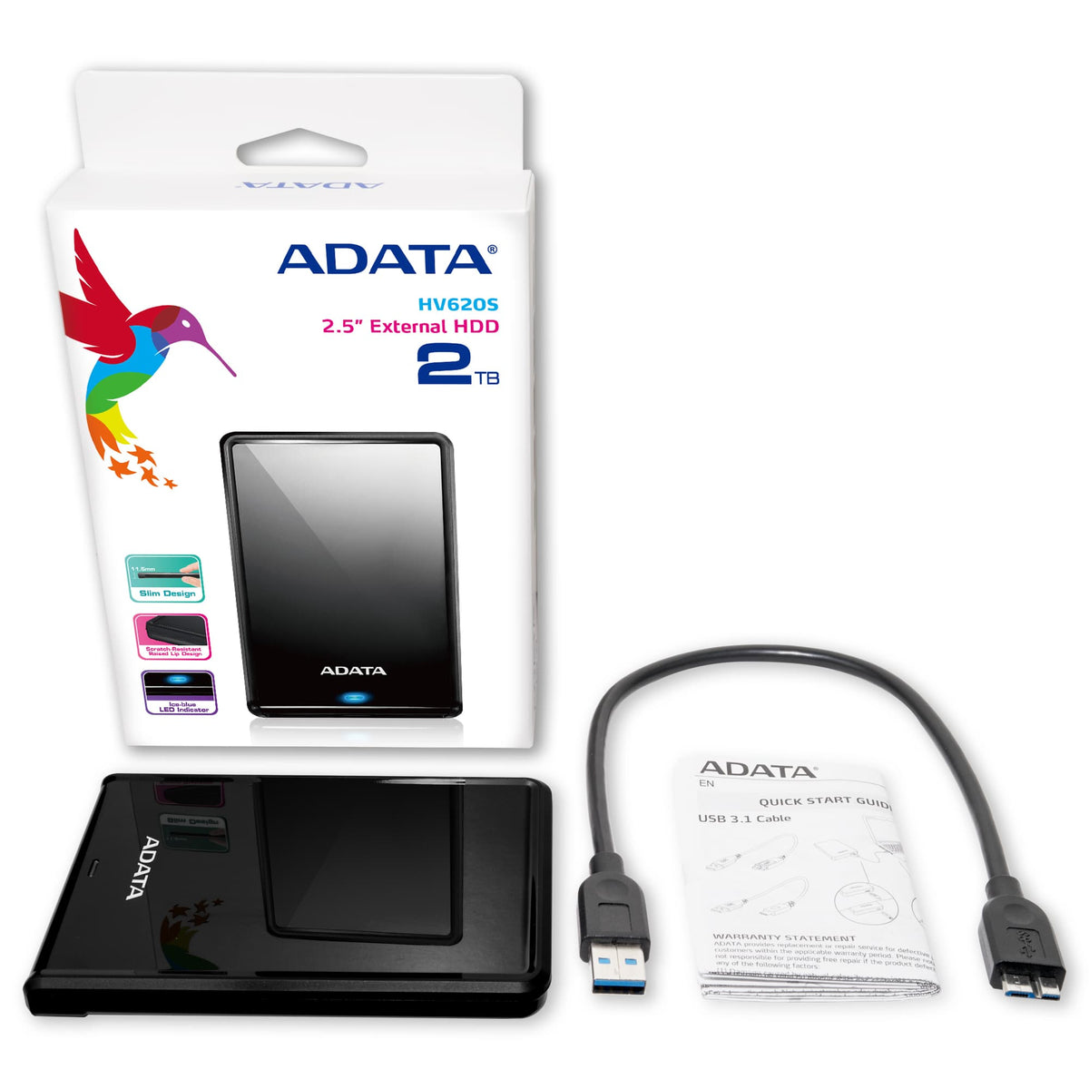 ADATA HV620S disque dur externe 2 To USB Type-C 3.2 Gen 1 (3.1 Gen 1) Noir
