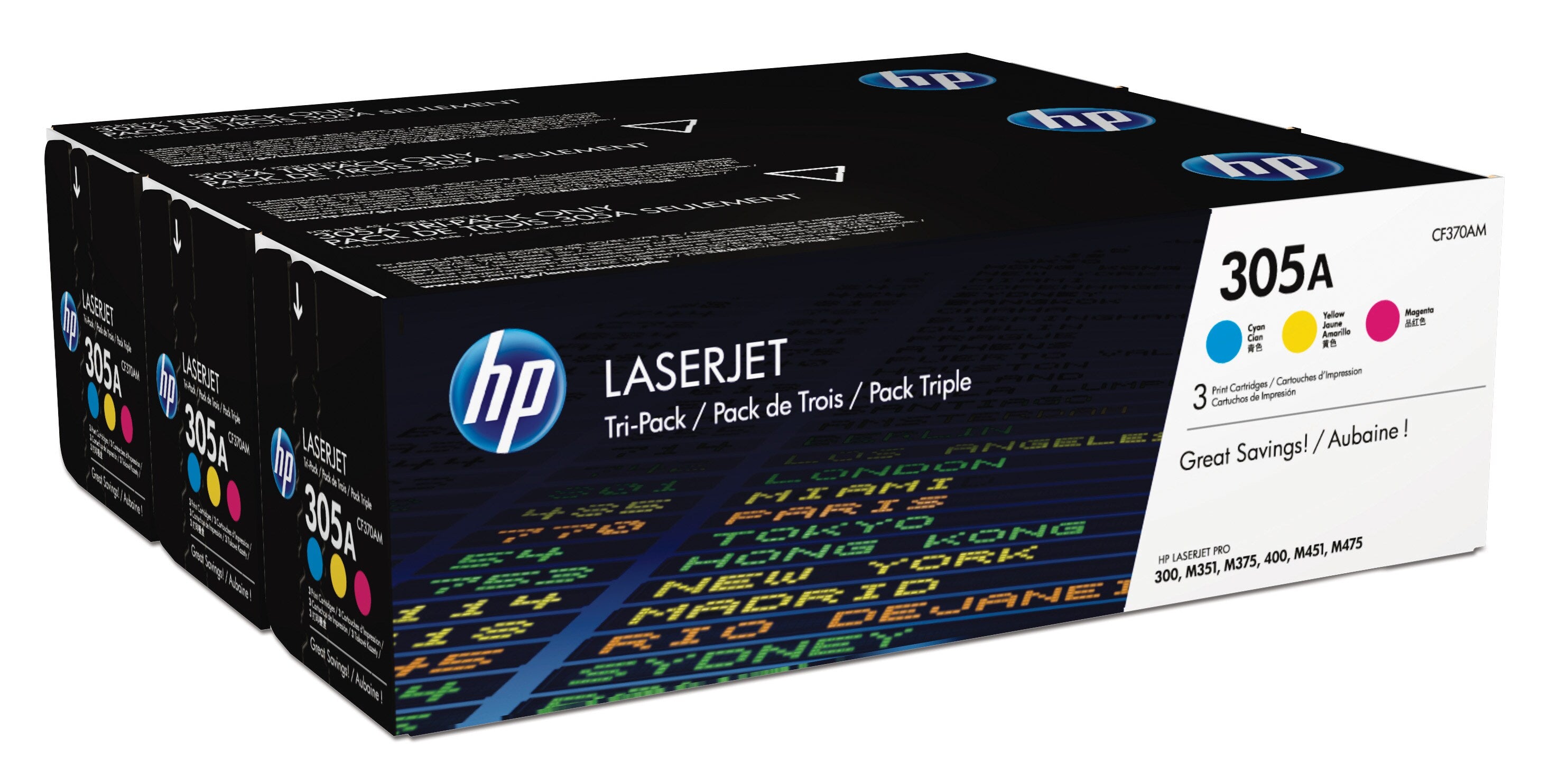HP 305A original Toner cartridge CF370AM cyan magenta yellow standard capacity 2.600 pages 3-pack