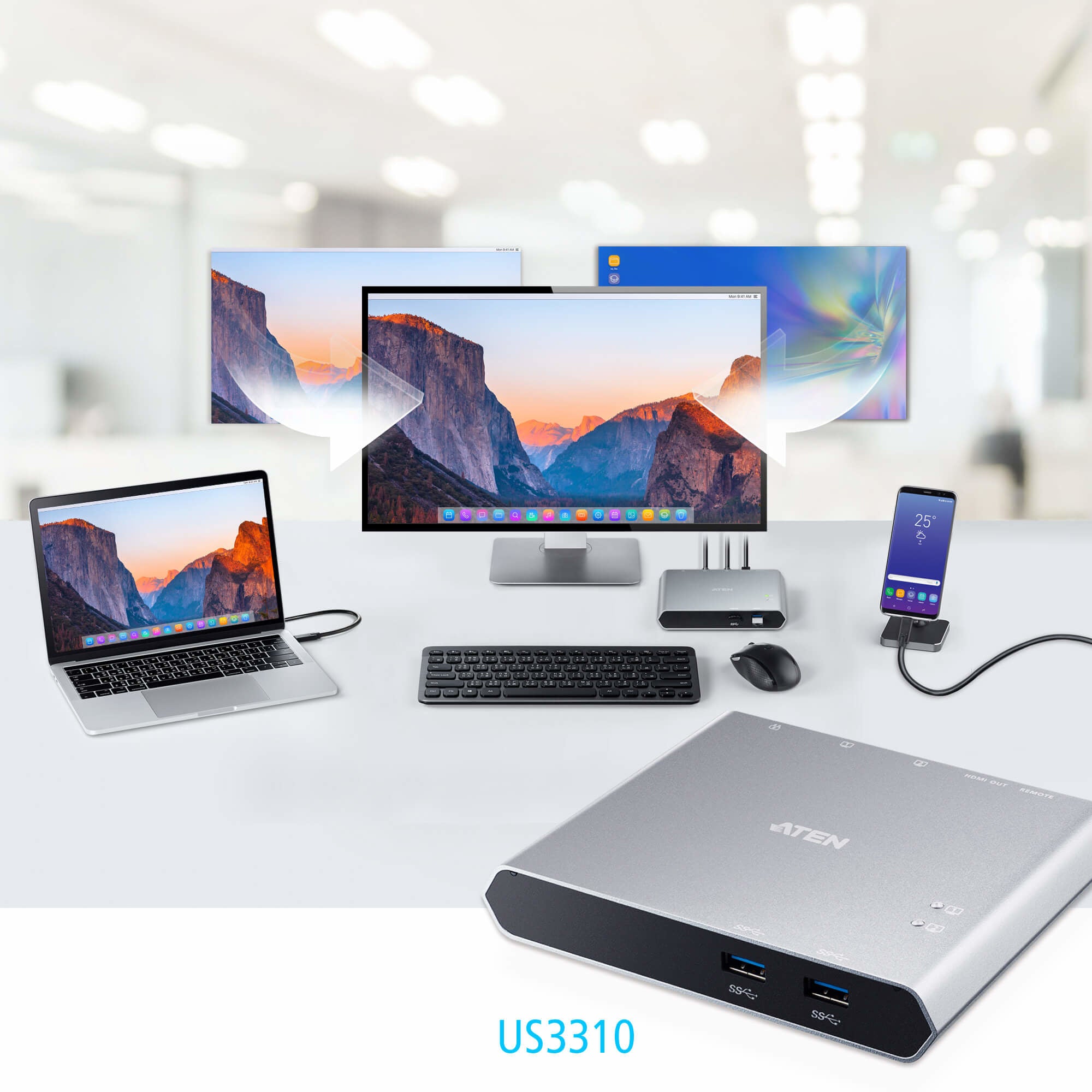 ATEN US3310 commutateur écran, clavier et souris Argent