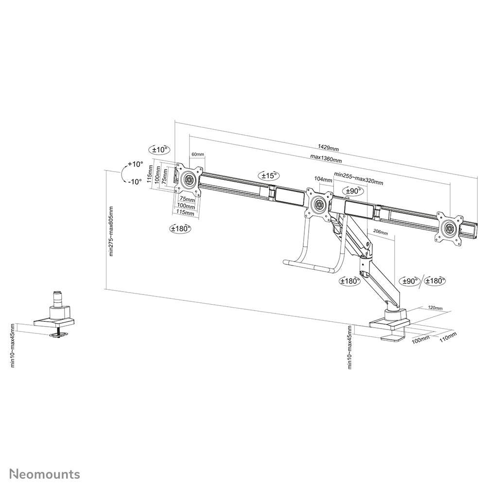 NEOMOUNTS NM-D775DX3BLACK Support décran à fixer 17-27p - ressort à gaz - Topfix - arrêt 180