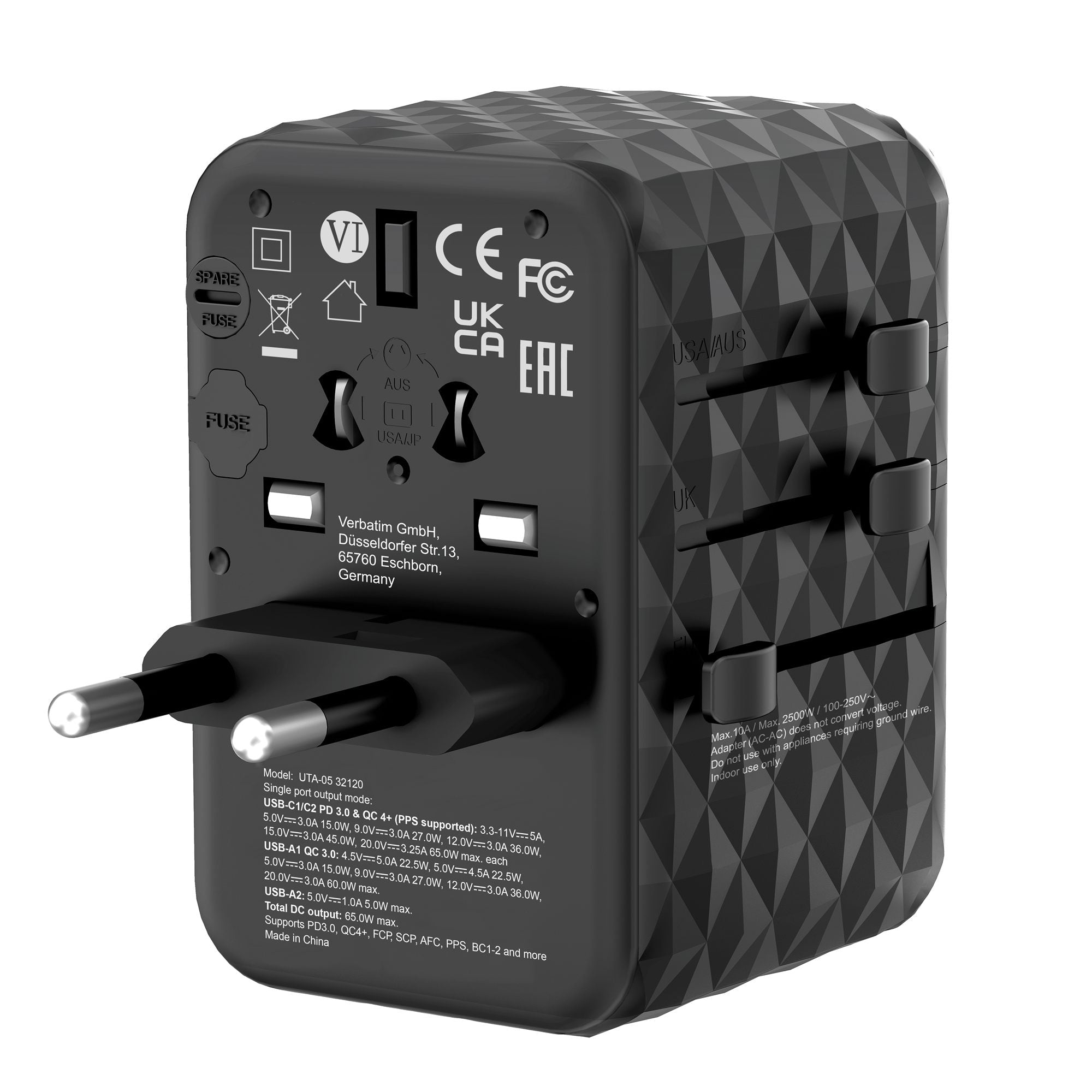 VERBATIM GAN III UNIVERSAL TRAVEL ADAPTER UTA-05 WITH 2 X USB-C PD 65W & QC 4+ / 2 X USB-A WCF (P)