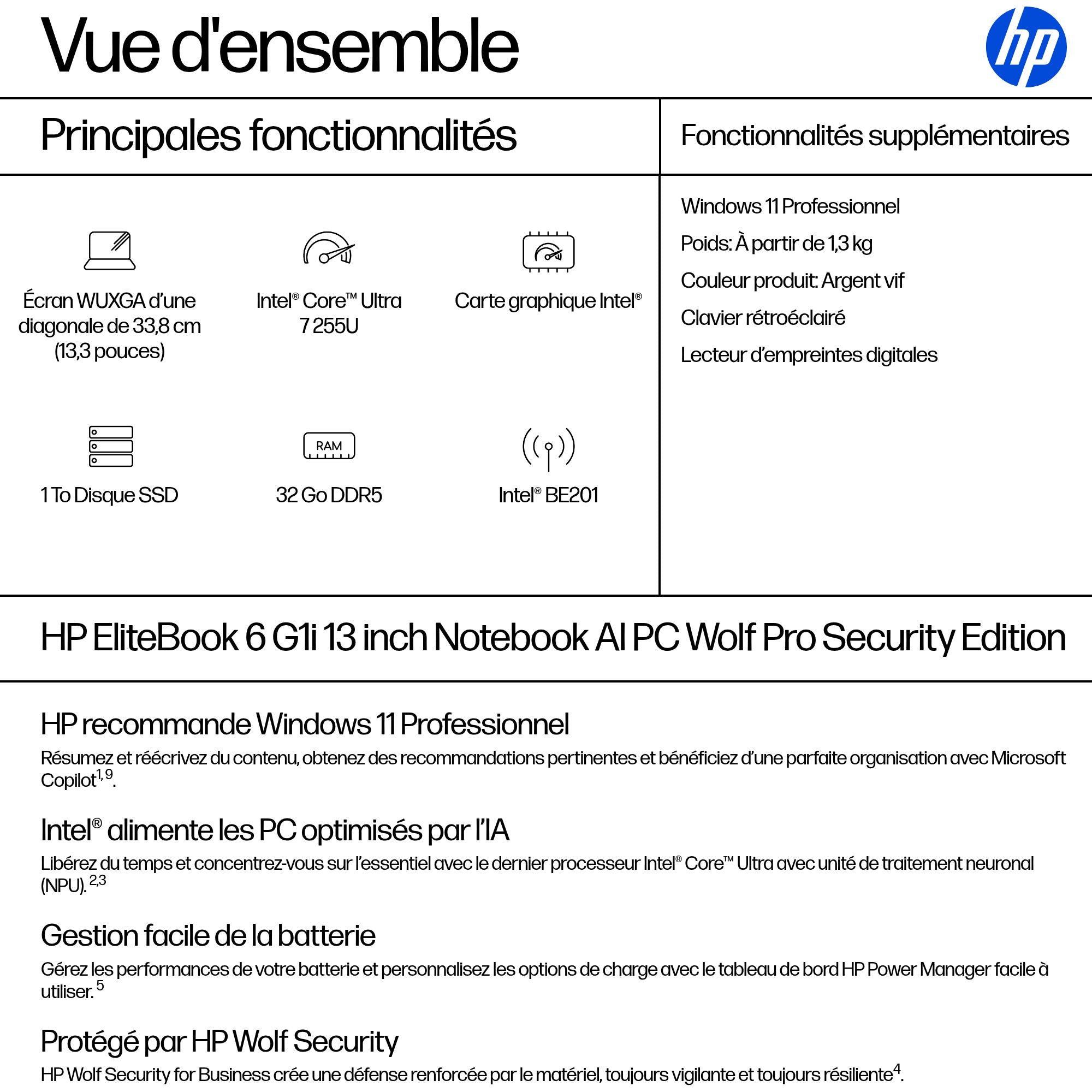 HP EliteBook 6 G1i IA Nouvelle génération Intel Core Ultra 7 255U 13.3p WUXGA 32Go 1To SSD UMA W11P Copilot + PC 1/1/0