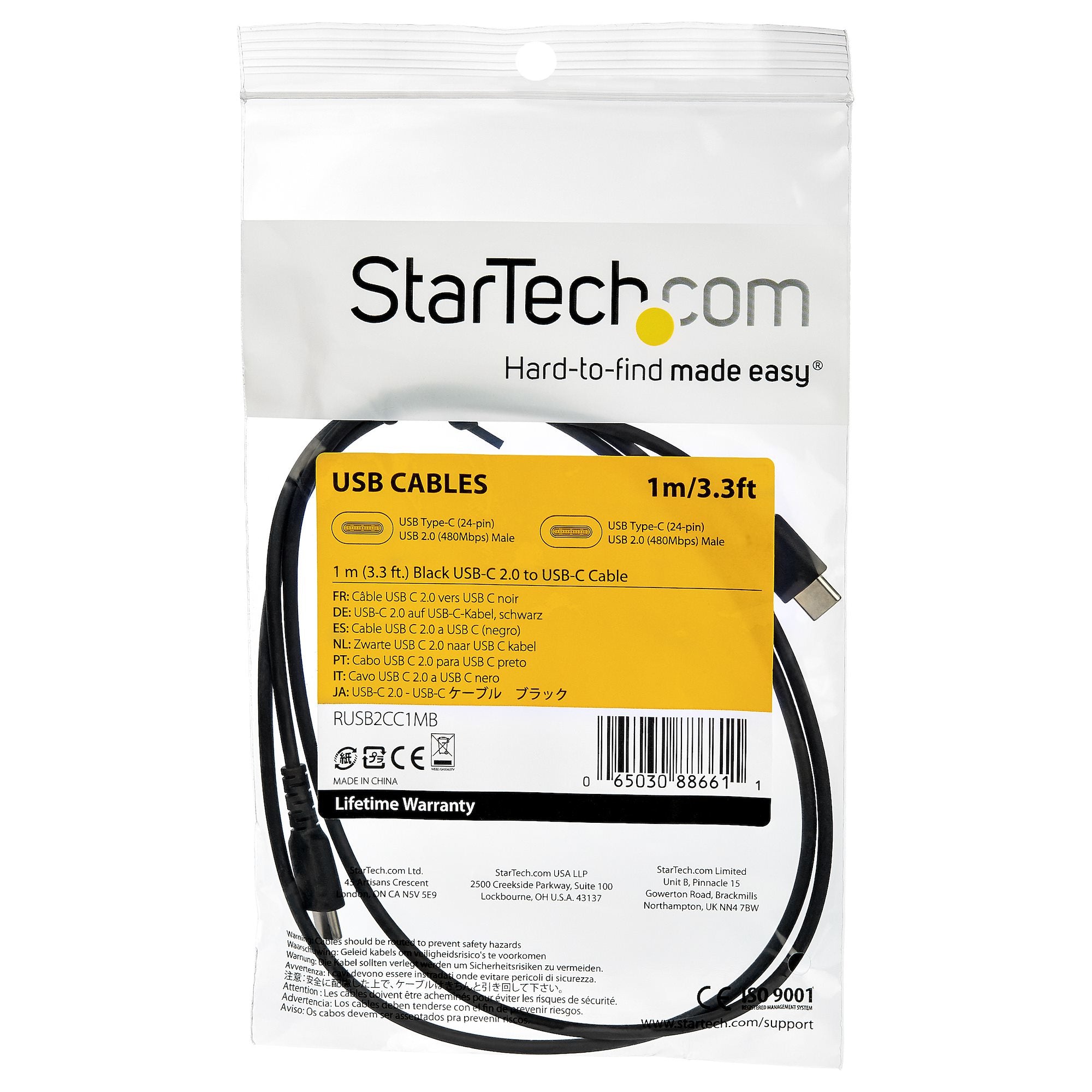 Cable Black USB 2.0 to USB C Cable 1m