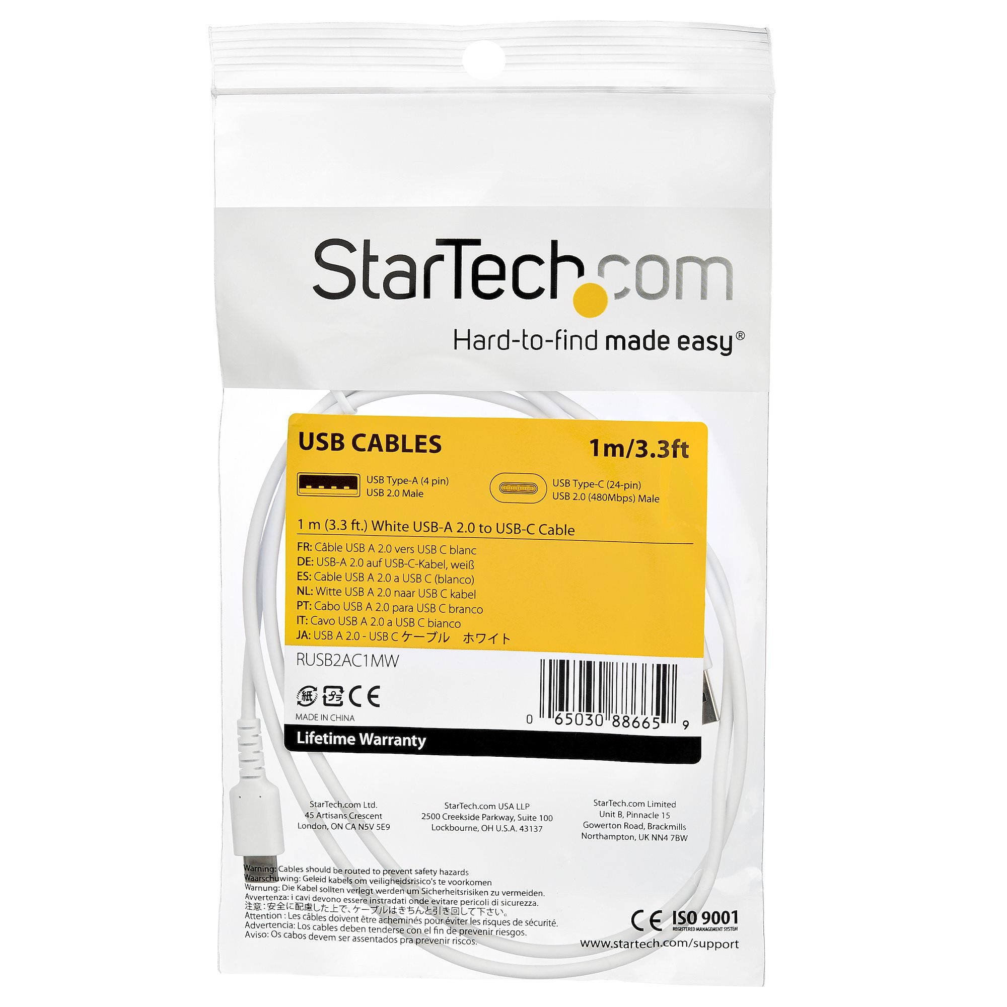 Cable White USB 2.0 to USB C Cable 1m