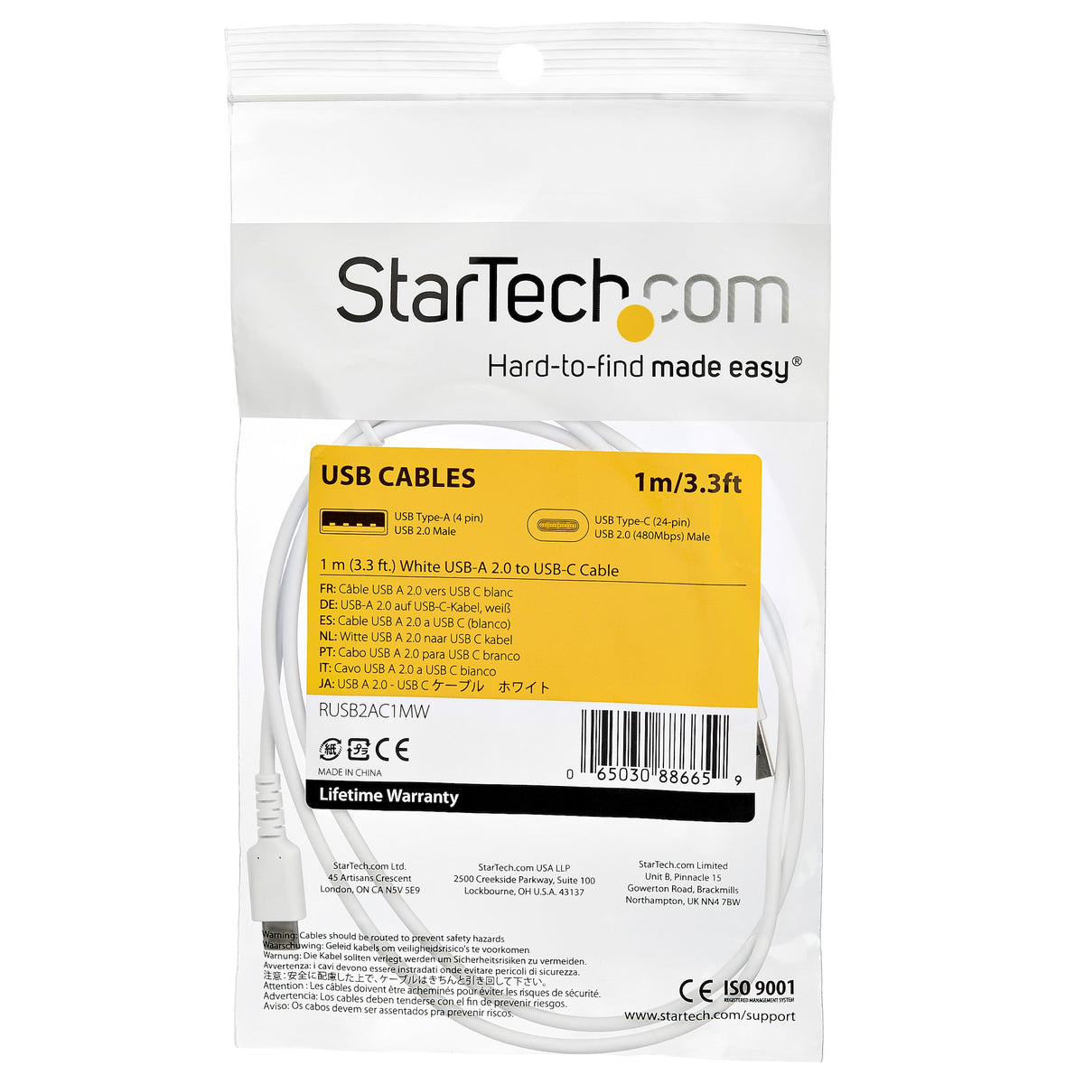 Cable White USB 2.0 to USB C Cable 1m