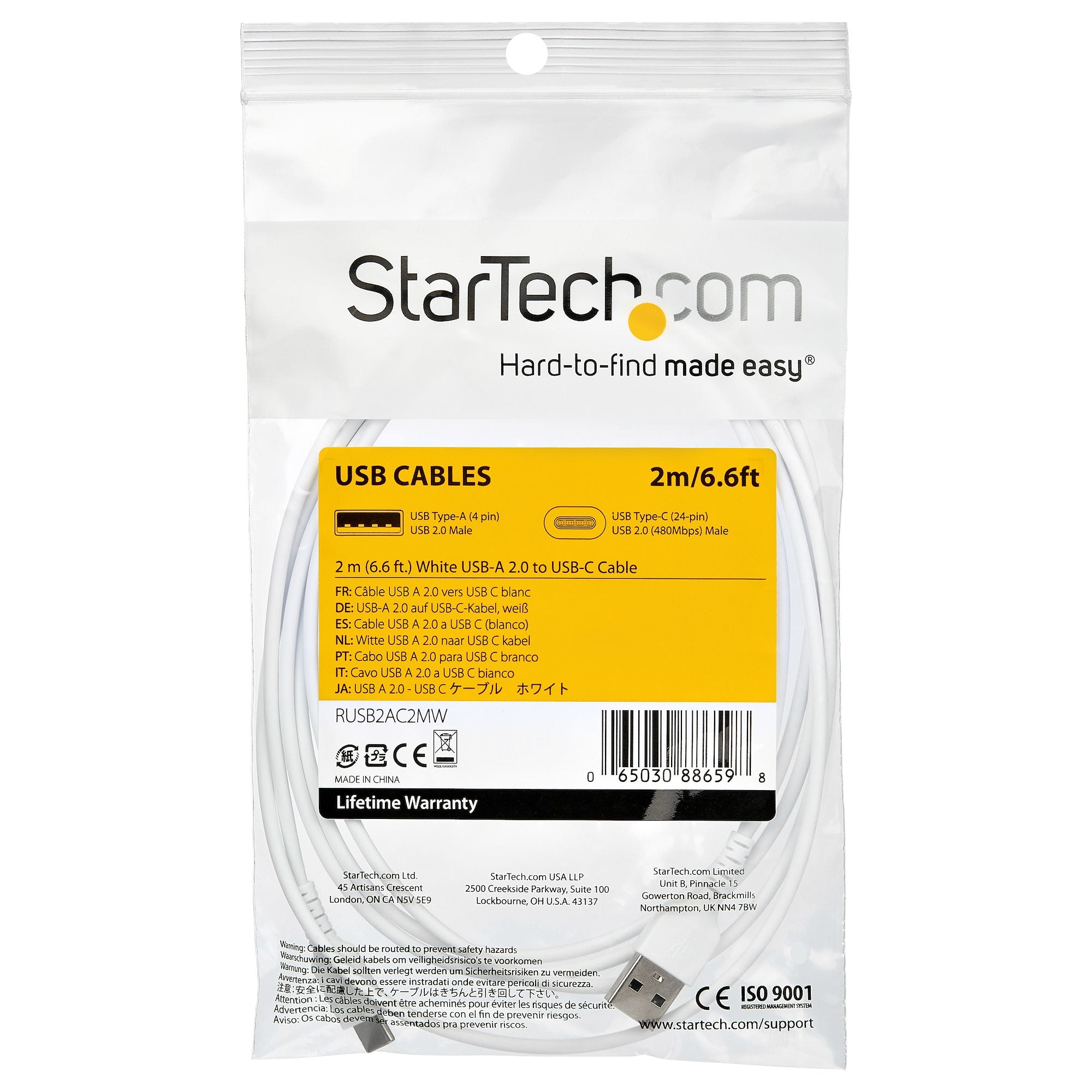 Cable White USB 2.0 to USB C Cable 2m