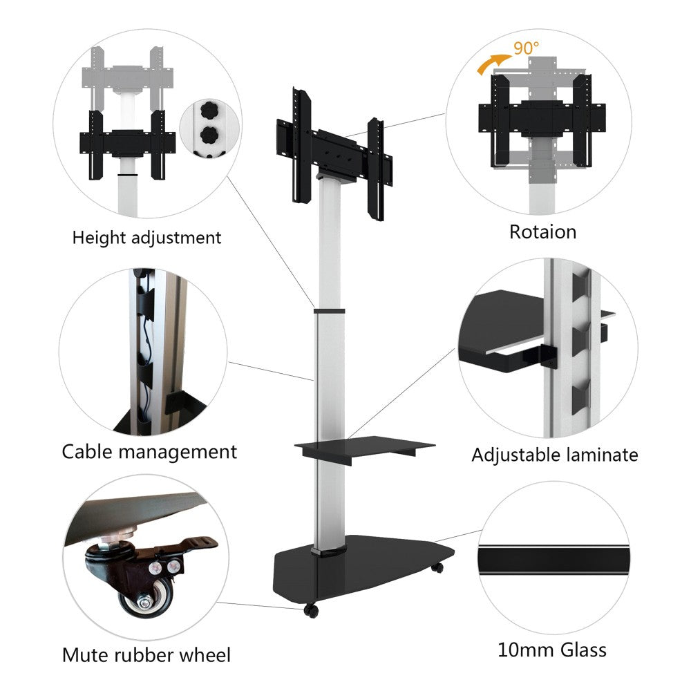 "Techly ICA-TR3WH Support TV mobile 37-70"" jusqu'a 40kg réglable 2 étageres"