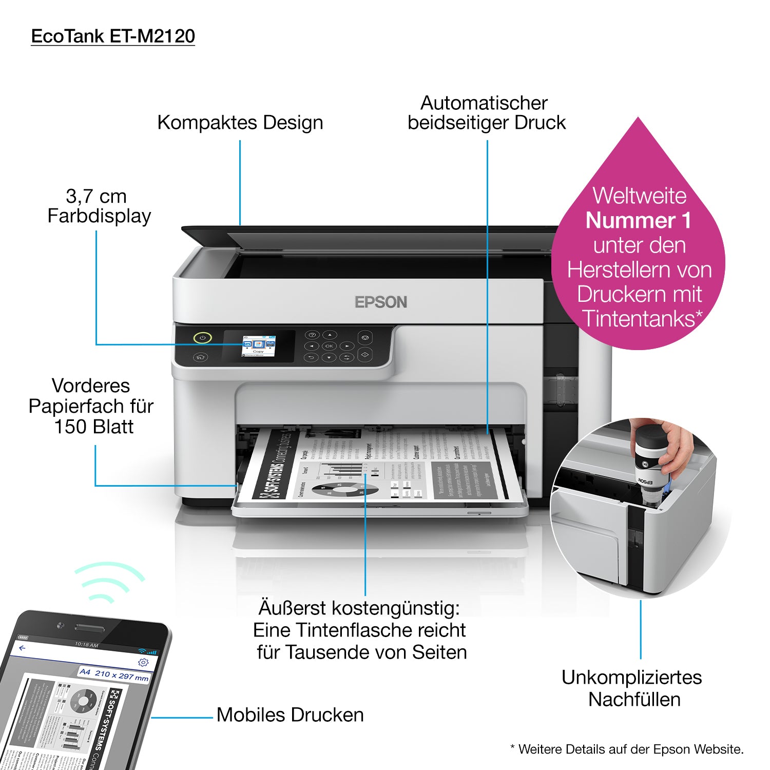 EPSON EcoTank ET-M2120 MFP Mono B/W ink-jet A4 15ppm print 150 sheets USB Wi-Fi white