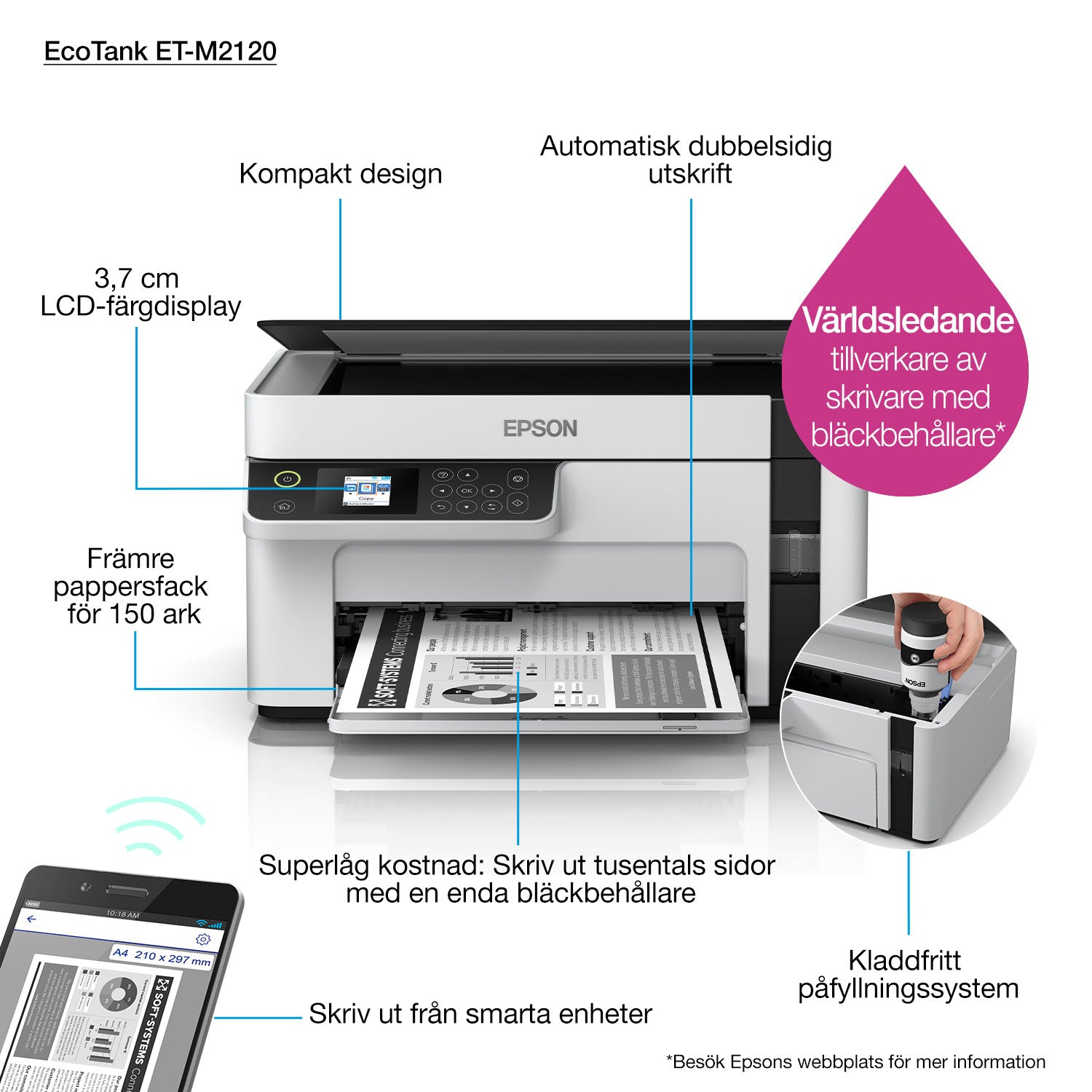EPSON EcoTank ET-M2120 MFP Mono B/W ink-jet A4 15ppm print 150 sheets USB Wi-Fi white