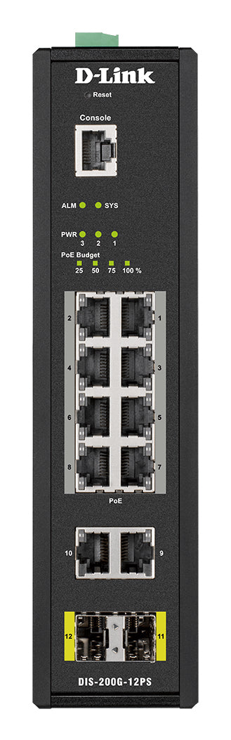 D-LINK 12 Port L2 Industrial Smart Managed Switch with 10 x 1GBaseTX ports 8 PoE 240W and 2 x SFP ports