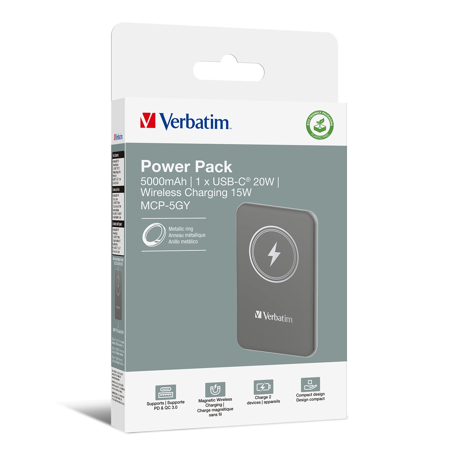 VERBATIM CHARGE N GO MAGNETIC WIRELESS POWER BANK 5000 GREY WCF (P)