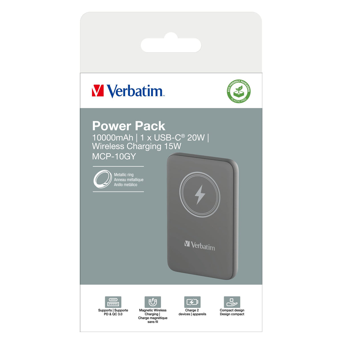 VERBATIM CHARGE N GO MAGNETIC WIRELESS POWER BANK 10000 GREY WCF (P)