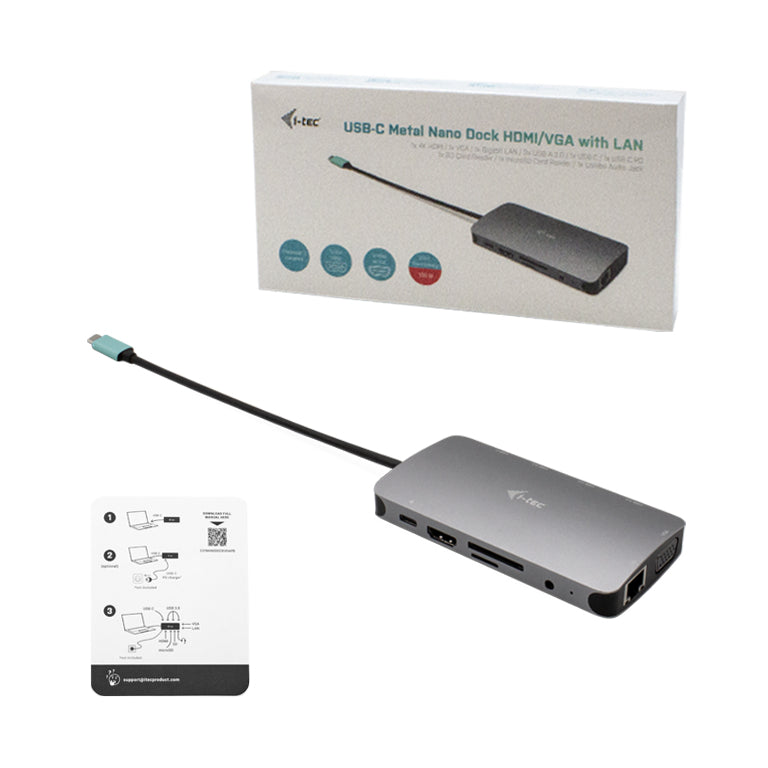 I-TEC USB-C Metal Dock 1xHDMI 1xVGA 1xSD+1xmicroSD Card reader 1xGLAN 1xAudio/Mic 3xUSB 3.1 1xUSB-C Data 1xUSB-C PD + Charger 100W
