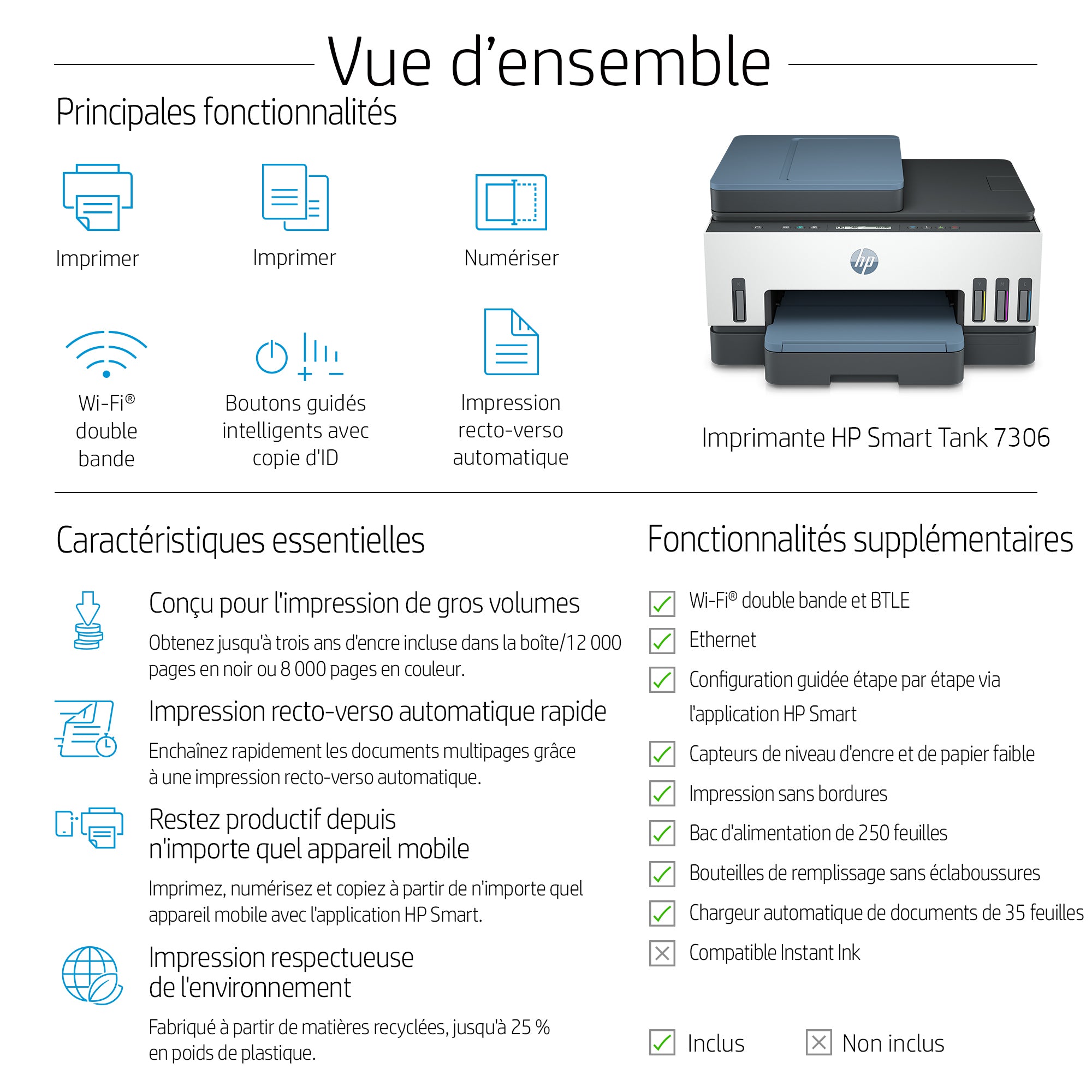 HP Smart Tank 7306 All-in-One MFP colour inkjet refillable A4 13ppm Copy 15ppm Print 250sheets USB Wi-Fi Bluetooth