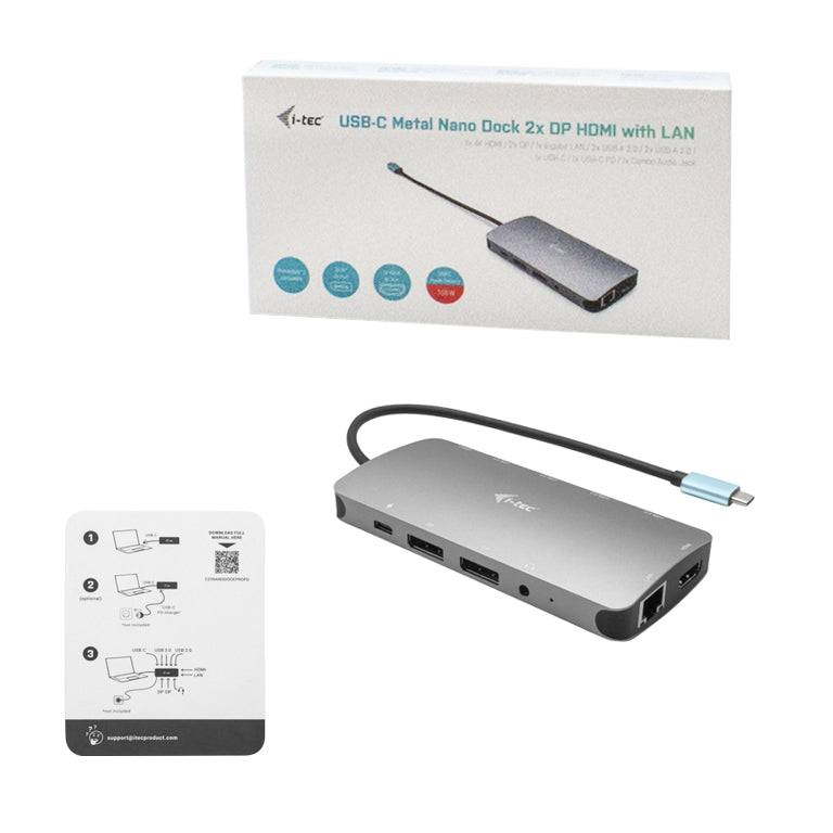 I-TEC USB-C Metal Nano Dock 2xDP 1xHDMI 1xGLAN 1xAudio/Mic 2xUSB 3.1 2xUSB 2.0 1xUSB-C Data 1xUSB-C, sans alimentation fournie