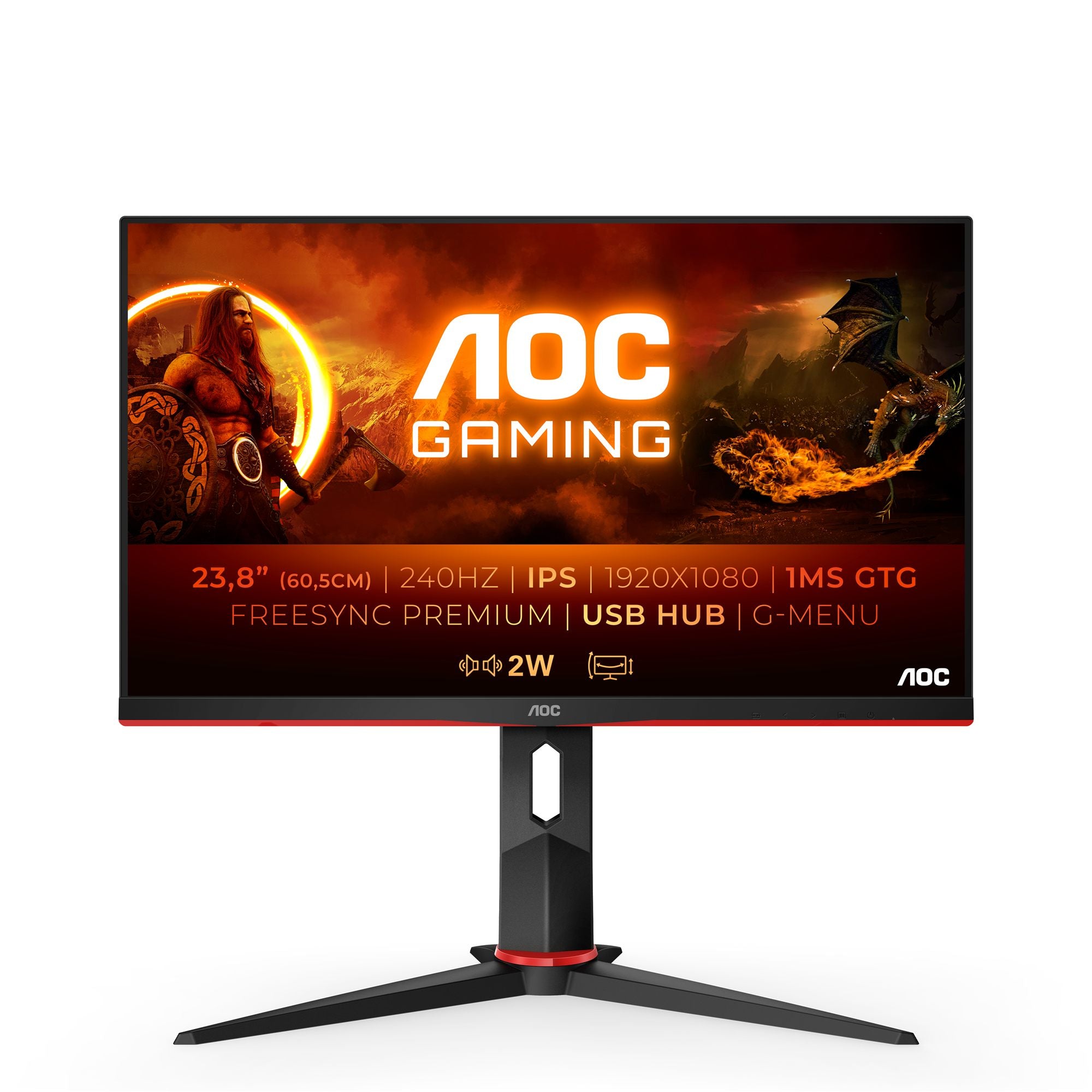 AOC 24G2ZU/BK 23.8p TN Flat FHD 1920x1080 240Hz 1ms GtG FreeSync Premium USB HUB SPEAKERS DP 2xHDMI VESA 100x100 GAMING LINE
