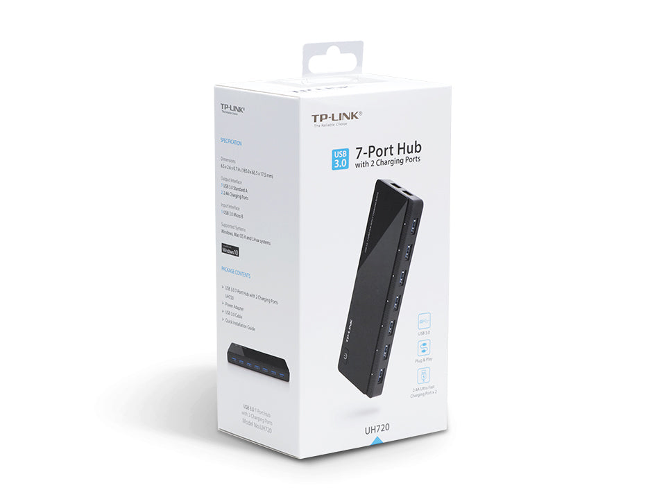 TP-LINK 7 ports USB 3.0 Hub with 2 power charge ports 2.4A Max Desktop a 12V/4A power adapter included