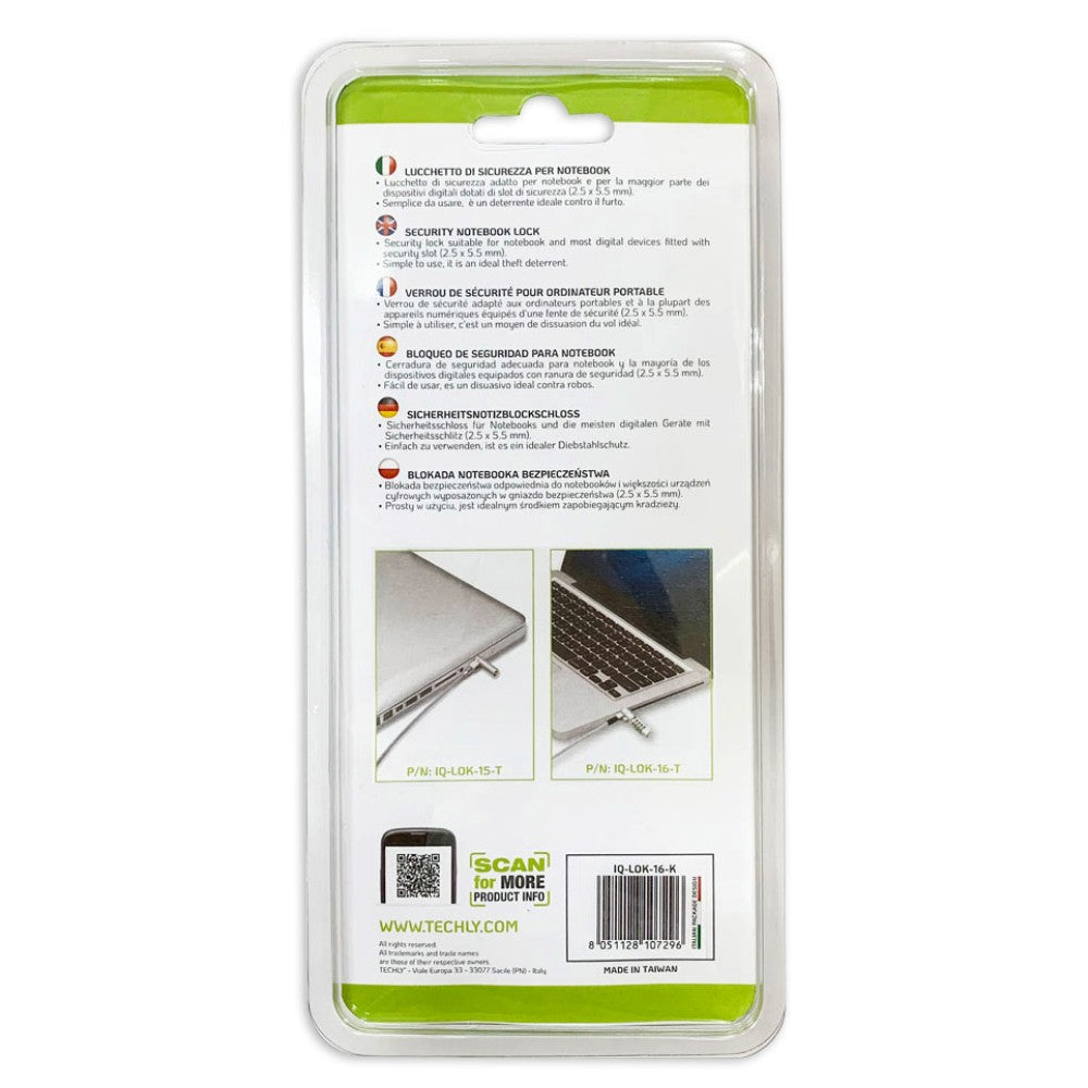 Techly IQ-LOK-16-K Câble de sécurité pour ordinateur portable Nano Slot avec verrou 1,8 m