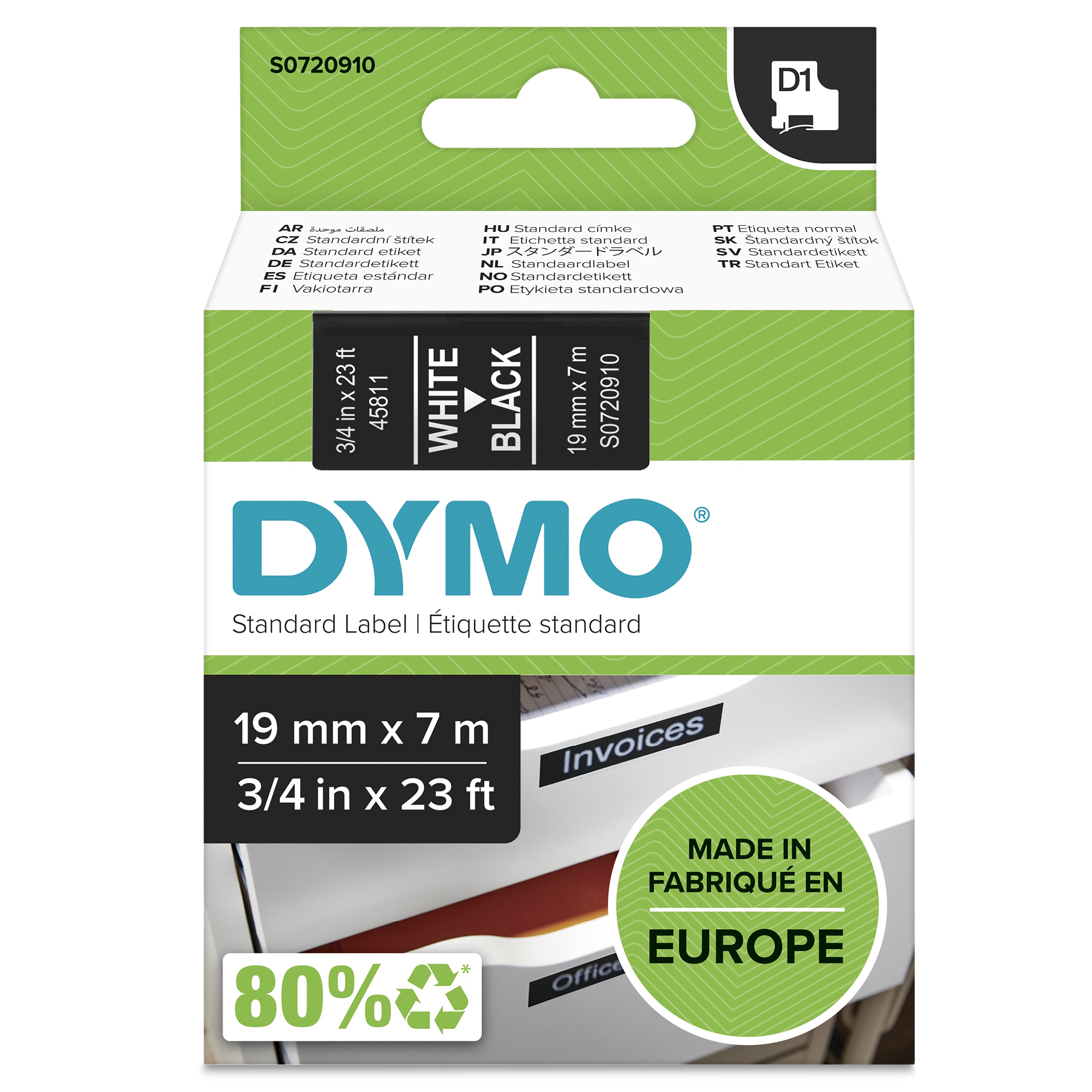 DYMO Ruban d étiquettes autocollantes D1 19 mm x 7 m, blanc sur noir