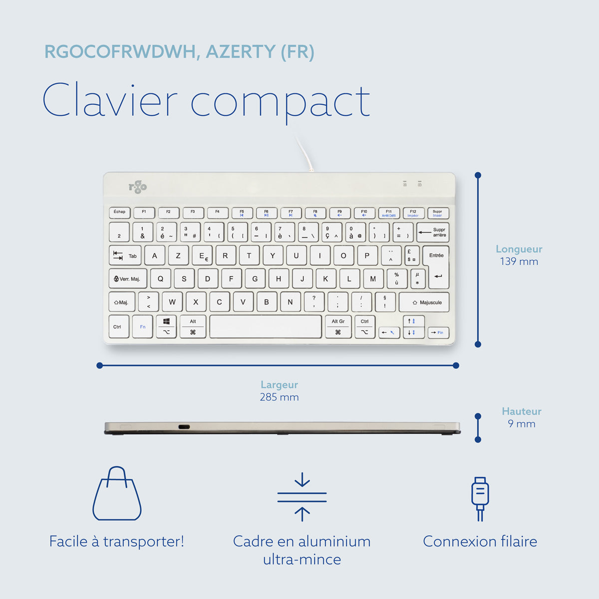 R-GO TOOLS Clavier ergo Compact Break, filaire blanc/argent